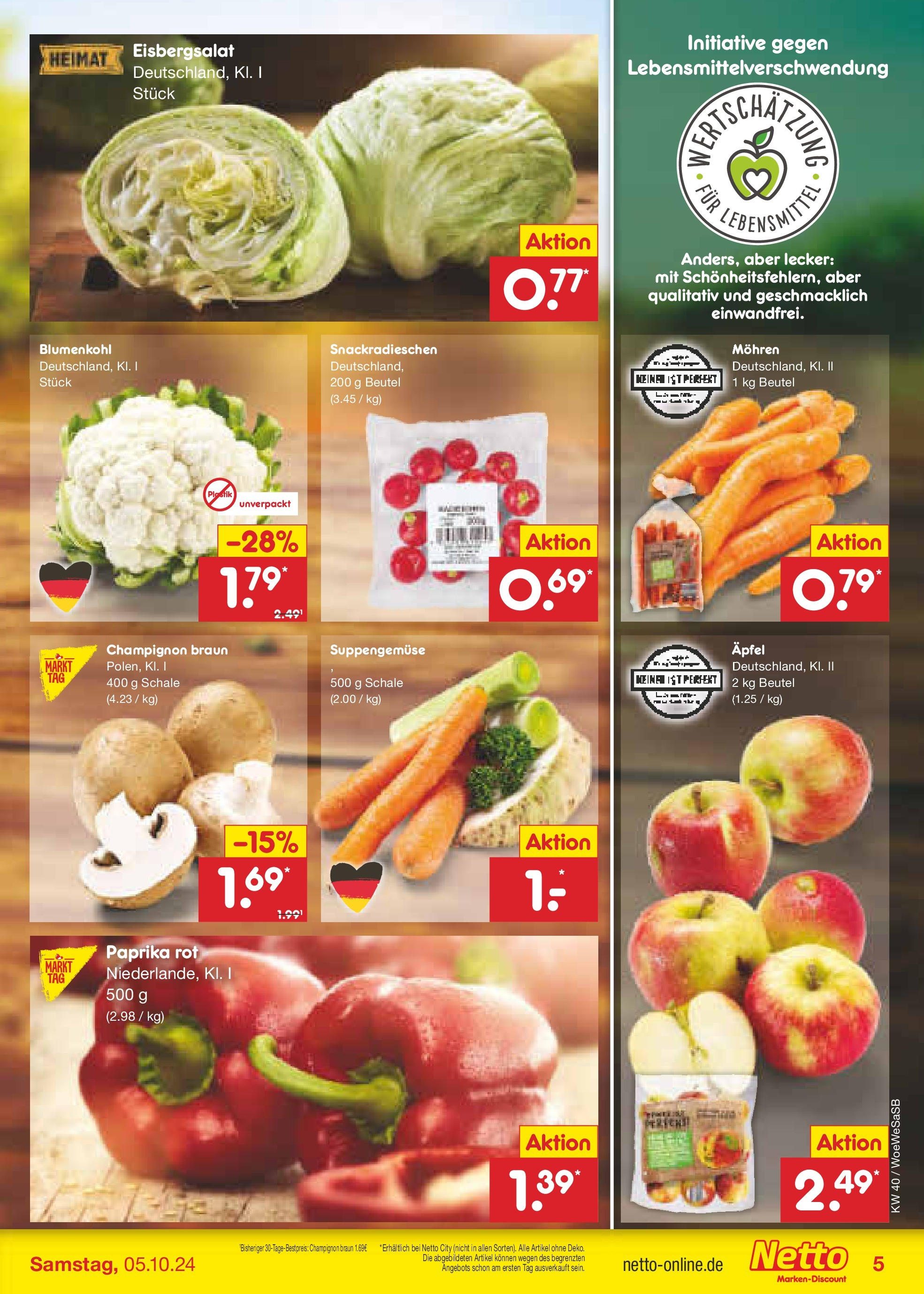 Netto Marken-Discount - Saarland (ab 30.09.2024) » Angebote | Seite: 5 | Produkte: Eisbergsalat, Mohren, Paprika, Blumenkohl