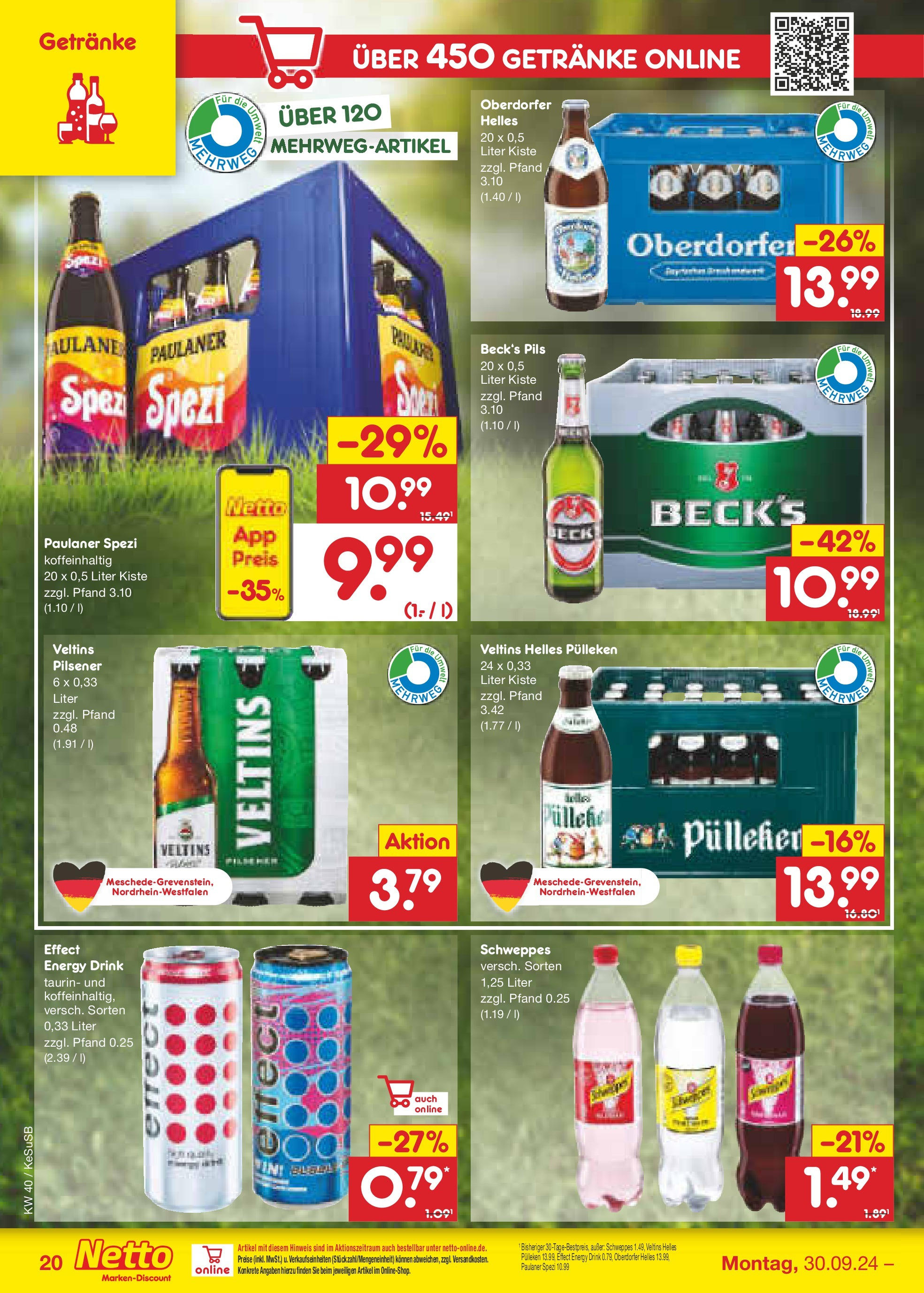 Netto Marken-Discount - Rheinland-Pfalz (ab 30.09.2024) » Angebote | Seite: 24 | Produkte: Helles pulleken, Energy, Paulaner spezi, Schweppes