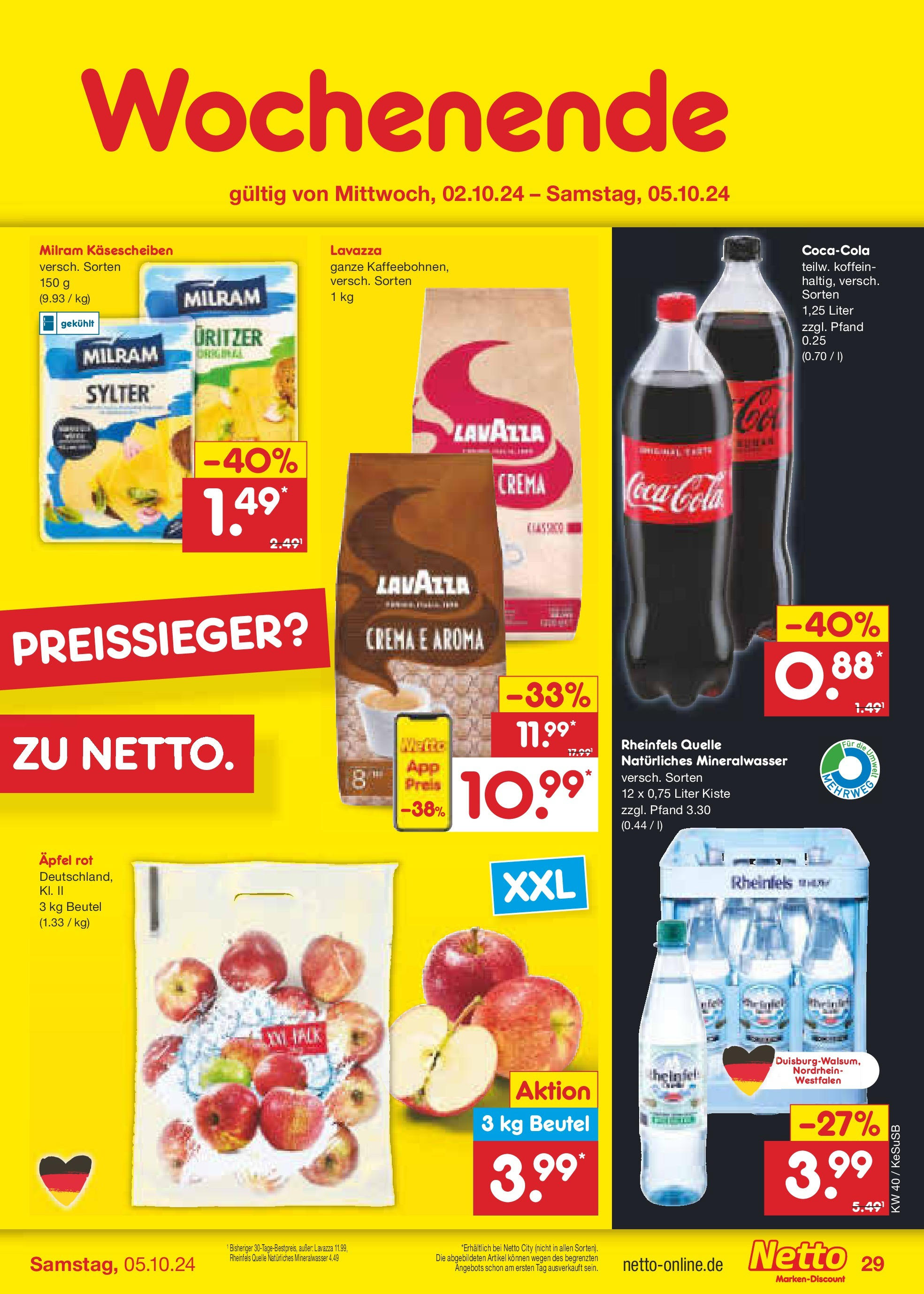 Netto Marken-Discount - Rheinland-Pfalz (ab 30.09.2024) » Angebote | Seite: 38 | Produkte: Lavazza, Äpfel, Mineralwasser, Rheinfels quelle