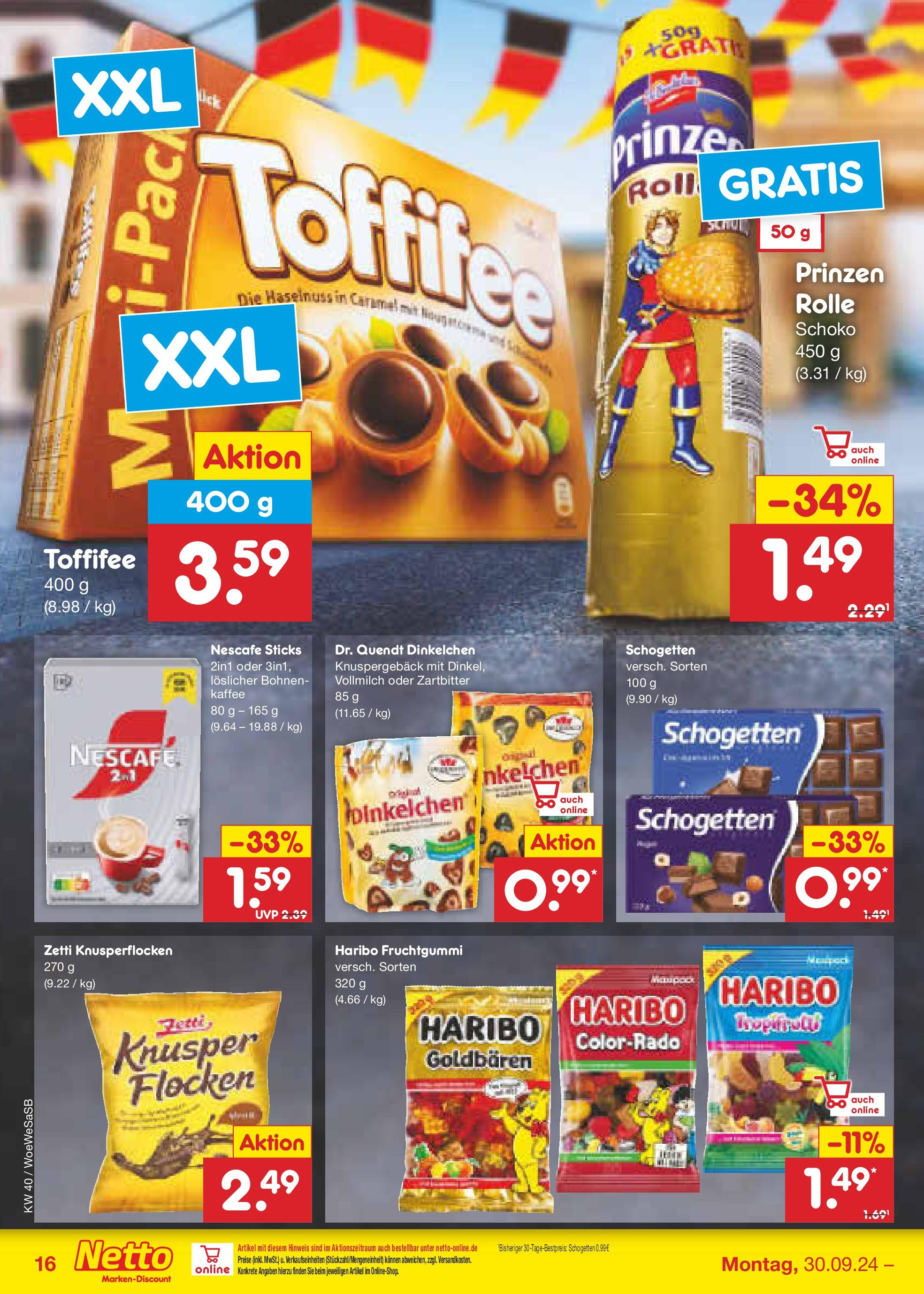 Netto Marken-Discount - Saarland (ab 30.09.2024) » Angebote | Seite: 20 | Produkte: Haribo, Kaffee, Schogetten, Flocken