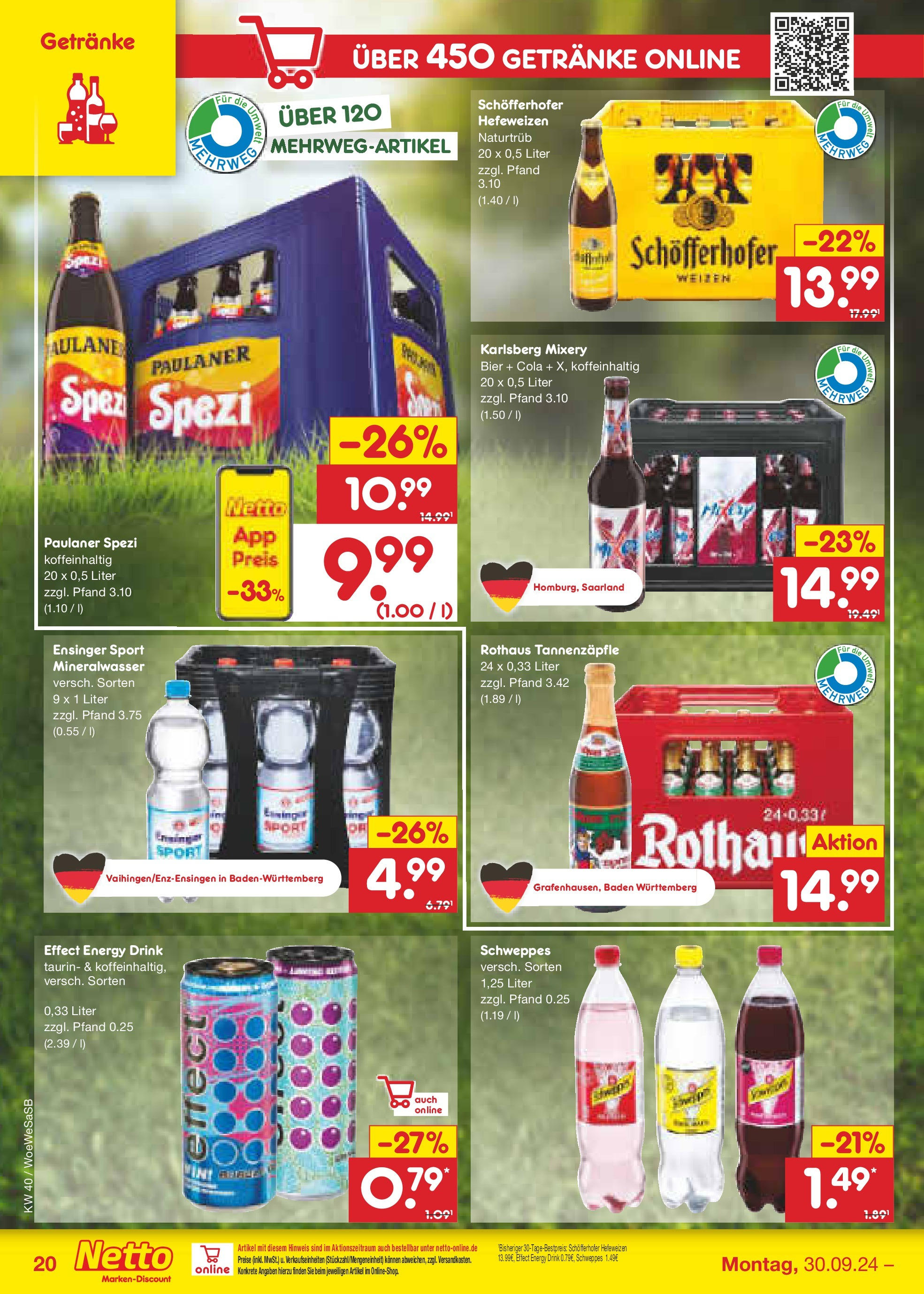 Netto Marken-Discount - Saarland (ab 30.09.2024) » Angebote | Seite: 24 | Produkte: Cola, Bier, Paulaner spezi, Paulaner