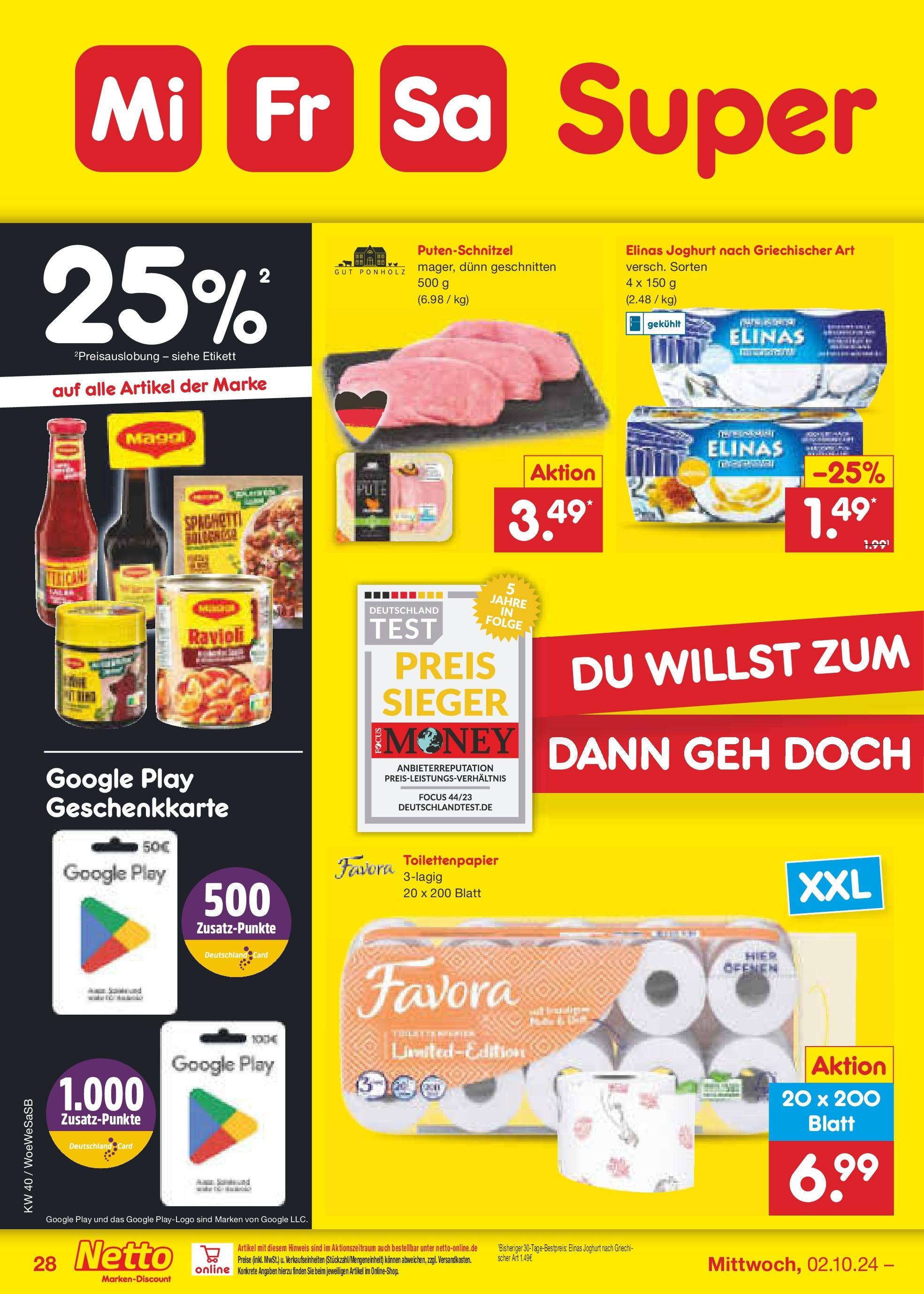 Netto Marken-Discount - Saarland (ab 30.09.2024) » Angebote | Seite: 37 | Produkte: Joghurt, Putenschnitzel, Toilettenpapier