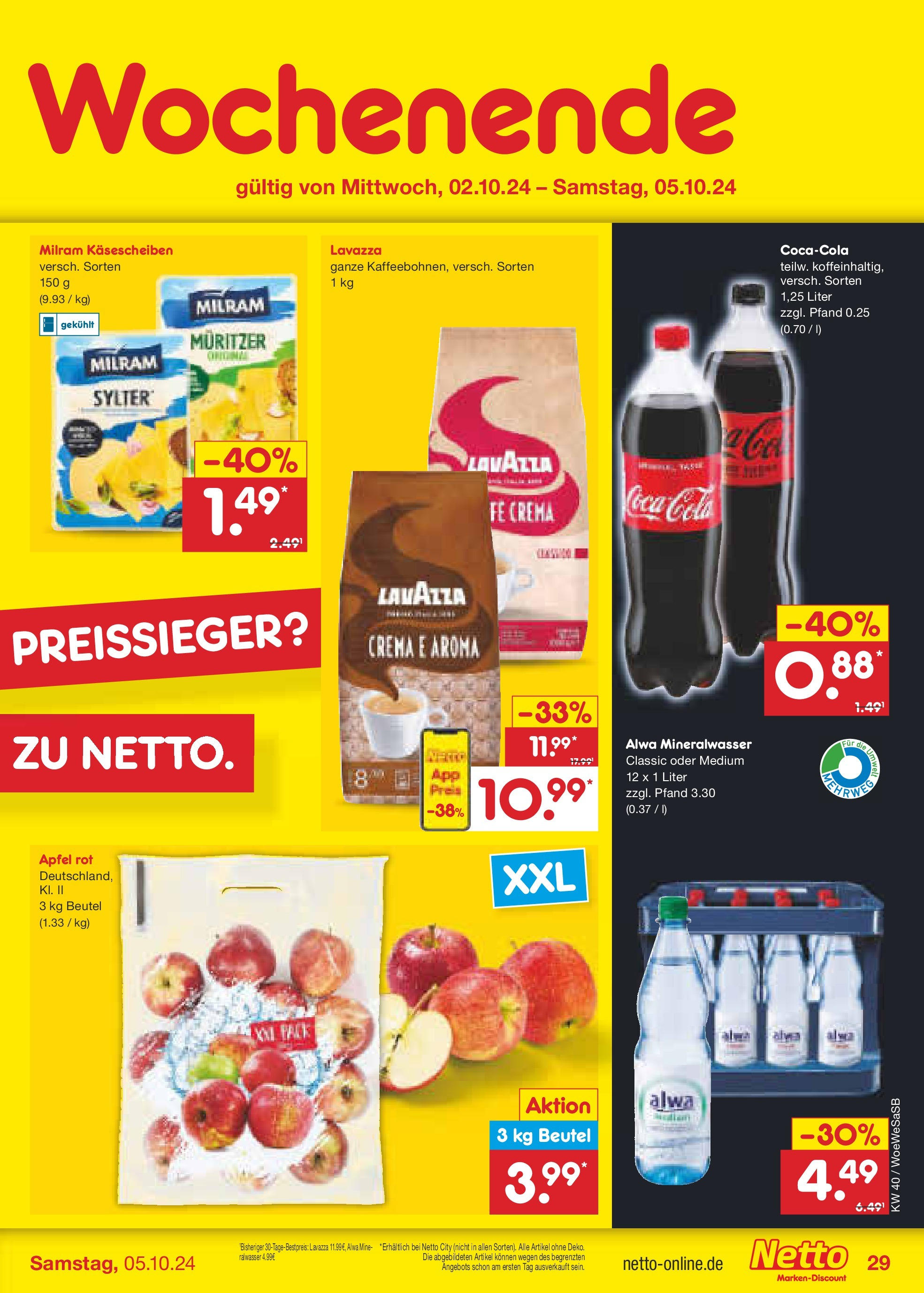 Netto Marken-Discount - Saarland (ab 30.09.2024) » Angebote | Seite: 38 | Produkte: Coca cola, Cola, Mineralwasser, Milram