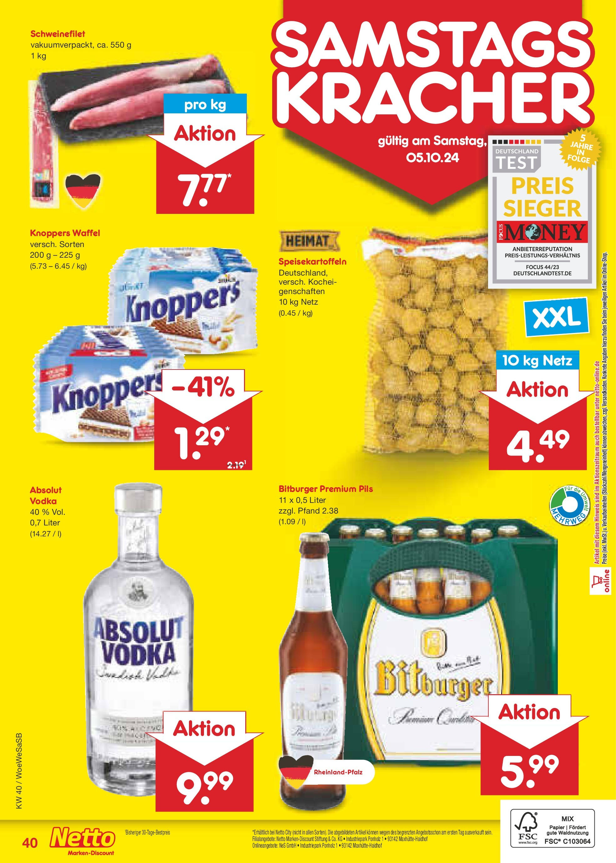 Netto Marken-Discount - Saarland (ab 30.09.2024) » Angebote | Seite: 50 | Produkte: Bitburger, Pils, Schweinefilet, Knoppers