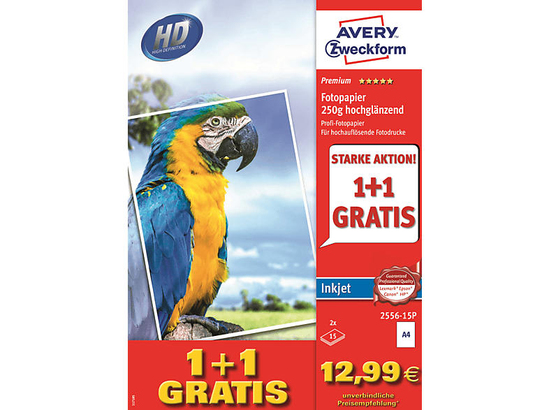 Avery Zweckform Premium Inkjet Fotopapier, A4, 250 g/m², 2556-15P