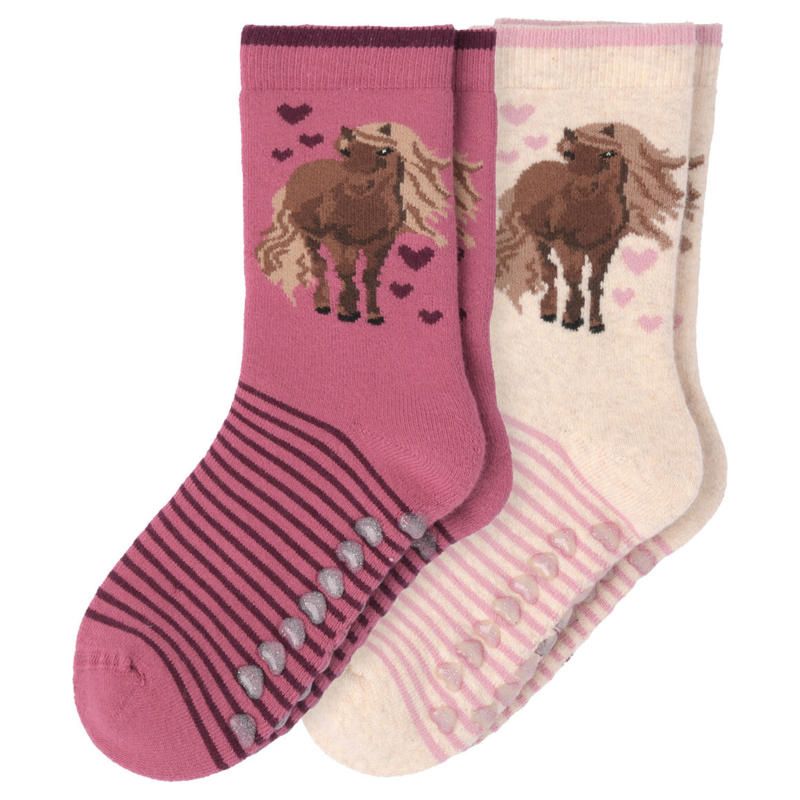 2 Paar Mädchen Stoppersocken mit Pferde-Motiv