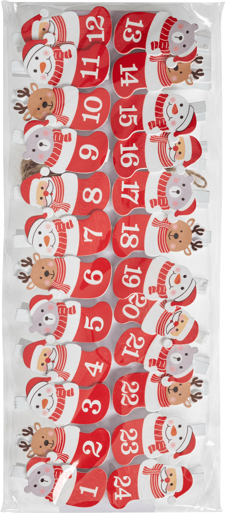 BOLTZE Adventskalenderklammern mit Kordel, Figuren in Socken