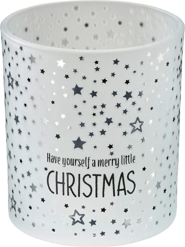 BOLTZE Kerzenhalter aus Glas "Have yourself a merry little CHRISTMAS", weiß-silber-schwarz