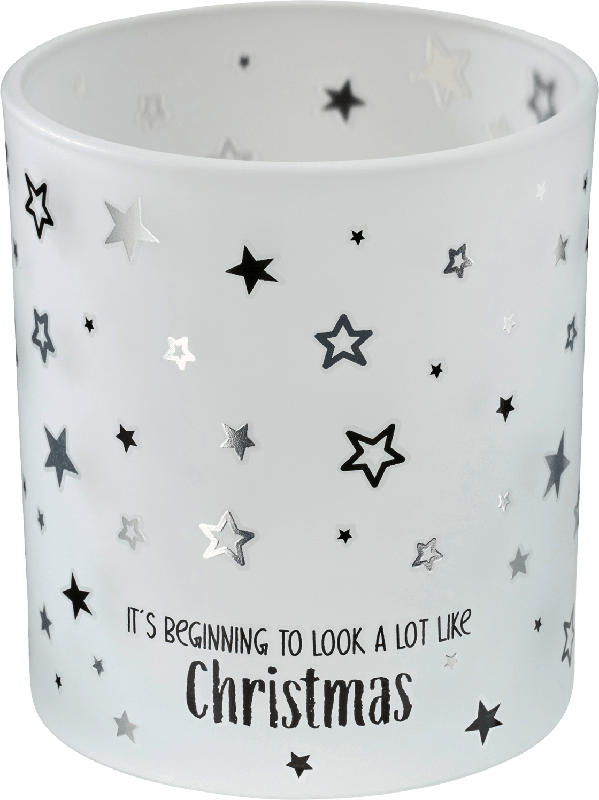 BOLTZE Kerzenhalter aus Glas "IT´S BEGINNING TO LOOK A LOT LIKE Christmas", weiß-silber-schwarz