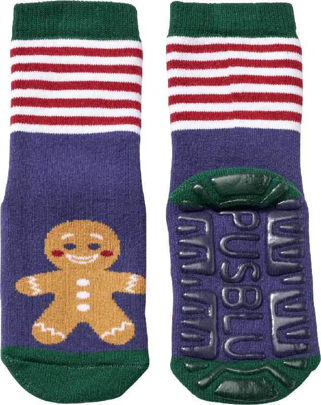 PUSBLU Stoppersocken mit Tannenbaum & Lebkuchen-Motiv, blau & rot, Gr. 21/22