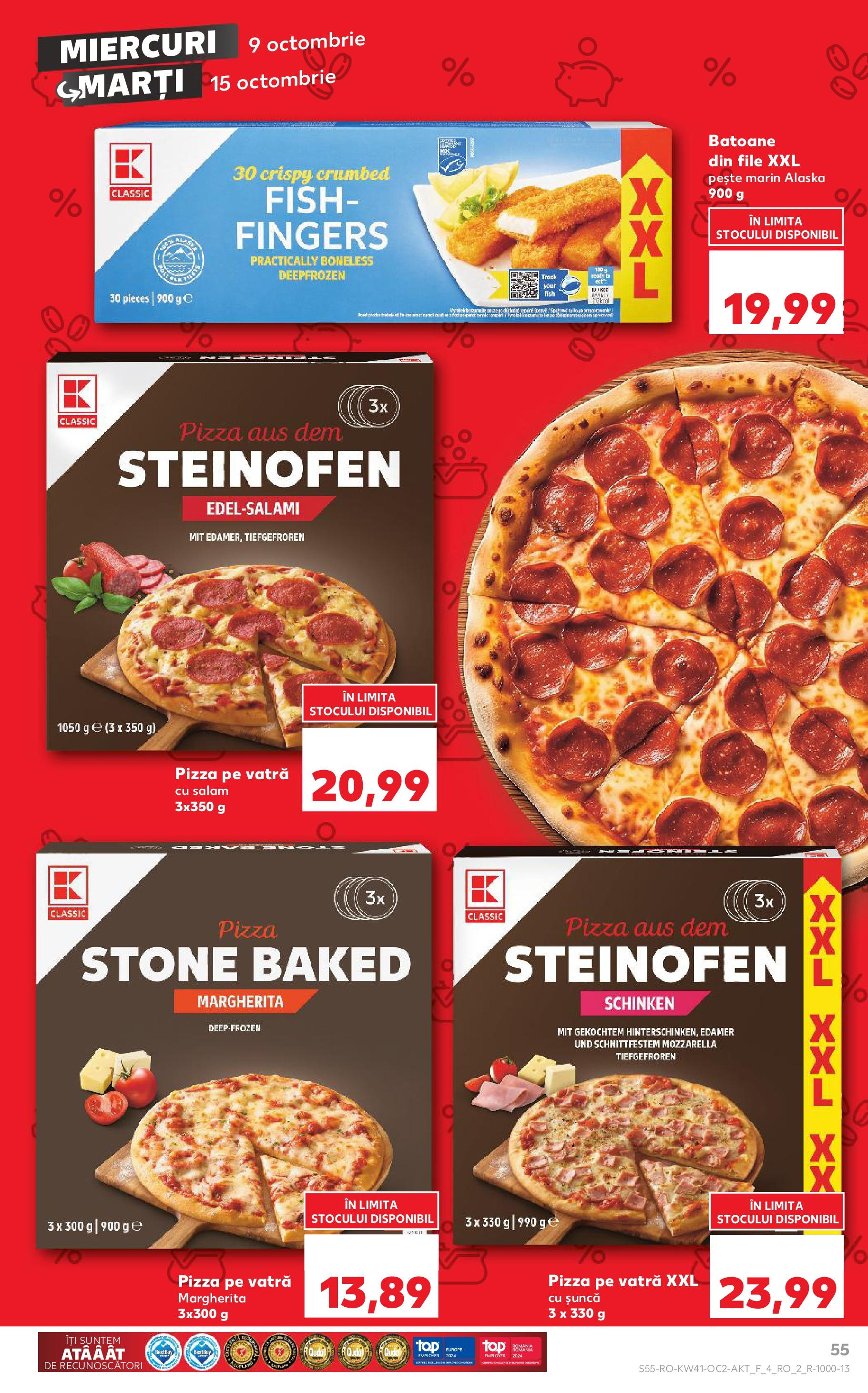 Catalog Kaufland - Bucureşti 09.10.2024 - Revista si Oferta | Pagină: 55 | Produse: Salam, Șuncă, Pizza, Pește