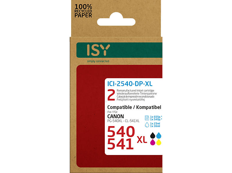 ISY ICI-2540-DP-XL wiederaufbereitete Tintenpatronen ersetzen Canon PG-540XL black und CL-541XL colour; wiederaufbereitete Tonerpatrone