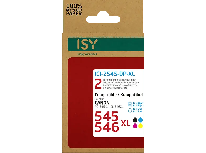 ISY ICI-2545-DP-XL wiederaufbereitete Tintenpatronen ersetzen Canon PG-545XL black und CL-546XL colour; wiederaufbereitete Tonerpatrone