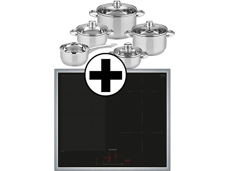 Siemens EX645HEC1E iQ700, Índuktionskochfeld (583 mm breit, 4 Kochfelder, Glaskeramik, Autarkes Kochfeld); Herdgesteuertes Kochfeld + Topfset Galactica 5tlg.