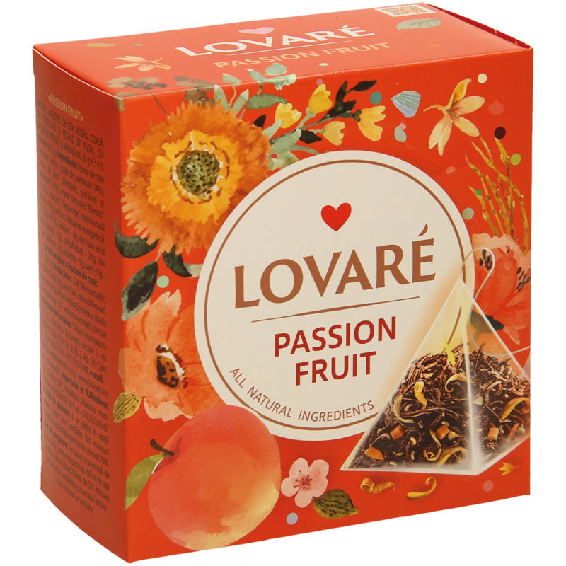 Lovare Passion fruit - Aromatisierter Schwarzer Tee mit Früchten, Färberdistelblütenblättern, Pfirsichgeschmack und Maracujageschmack, in Pyramidenf