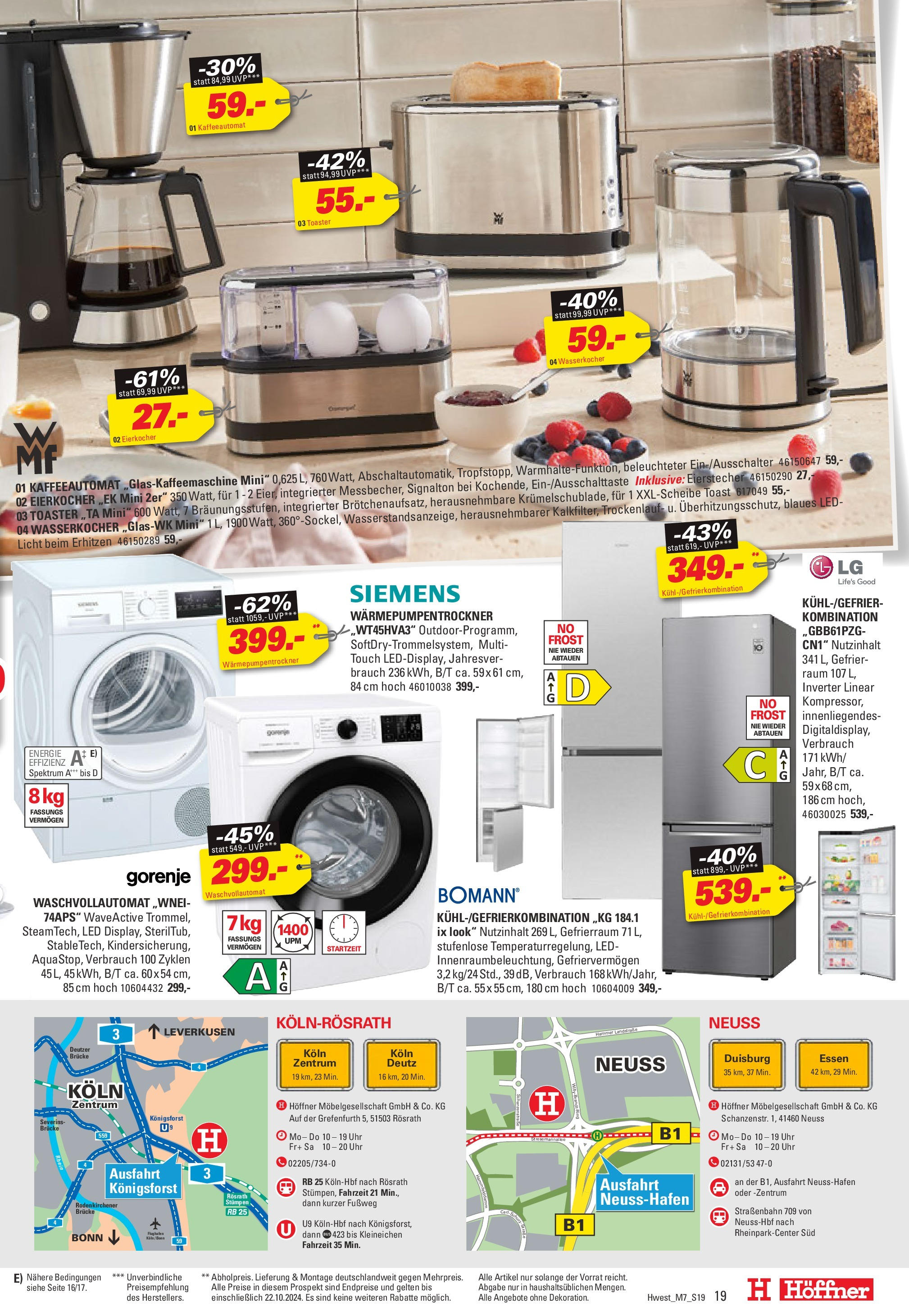 Höffner Prospekt / Chemnitz-Röhrsdorf (ab 09.10.2024) zum Blättern | Seite: 19 | Produkte: Toaster, Toast, Eierkocher, Uhr