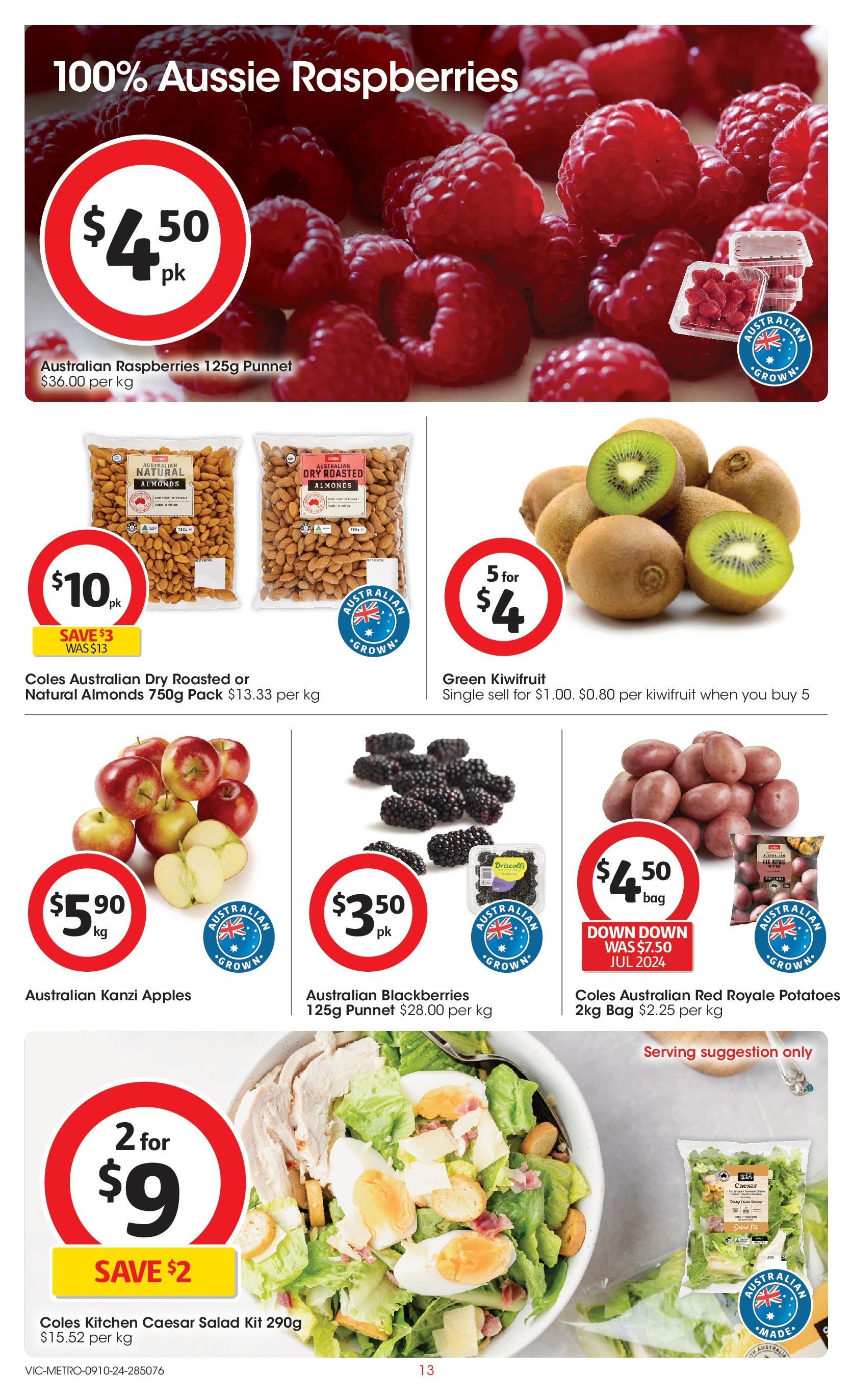 ﻿﻿Coles catalogue valid from 09/10/2024 > Online Australia | Page: 13 | Products: Almonds, Salad, Potatoes, Bag