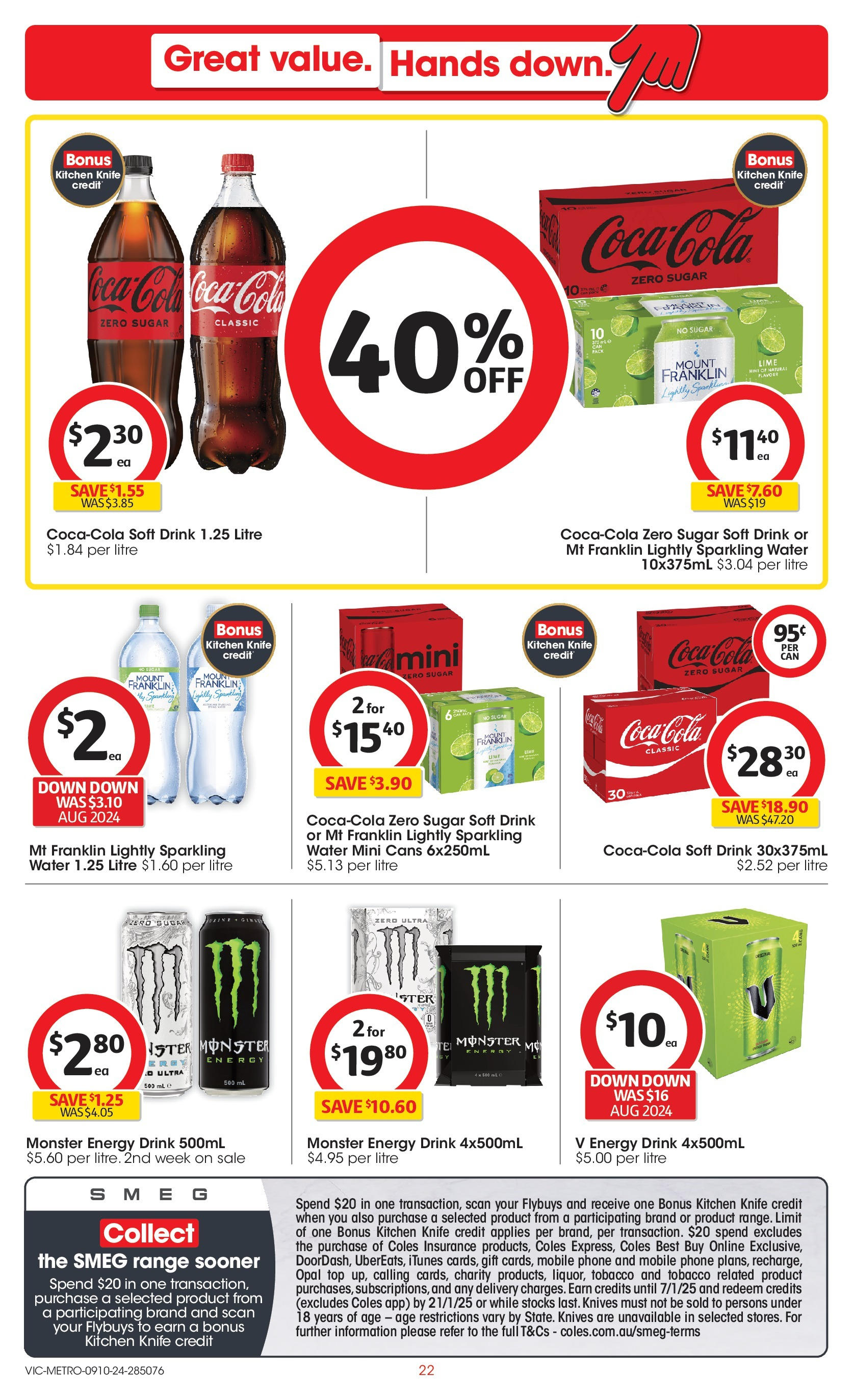 ﻿﻿Coles catalogue valid from 09/10/2024 > Online Australia | Page: 22 | Products: Energy drink, Coca Cola, Water, Sugar