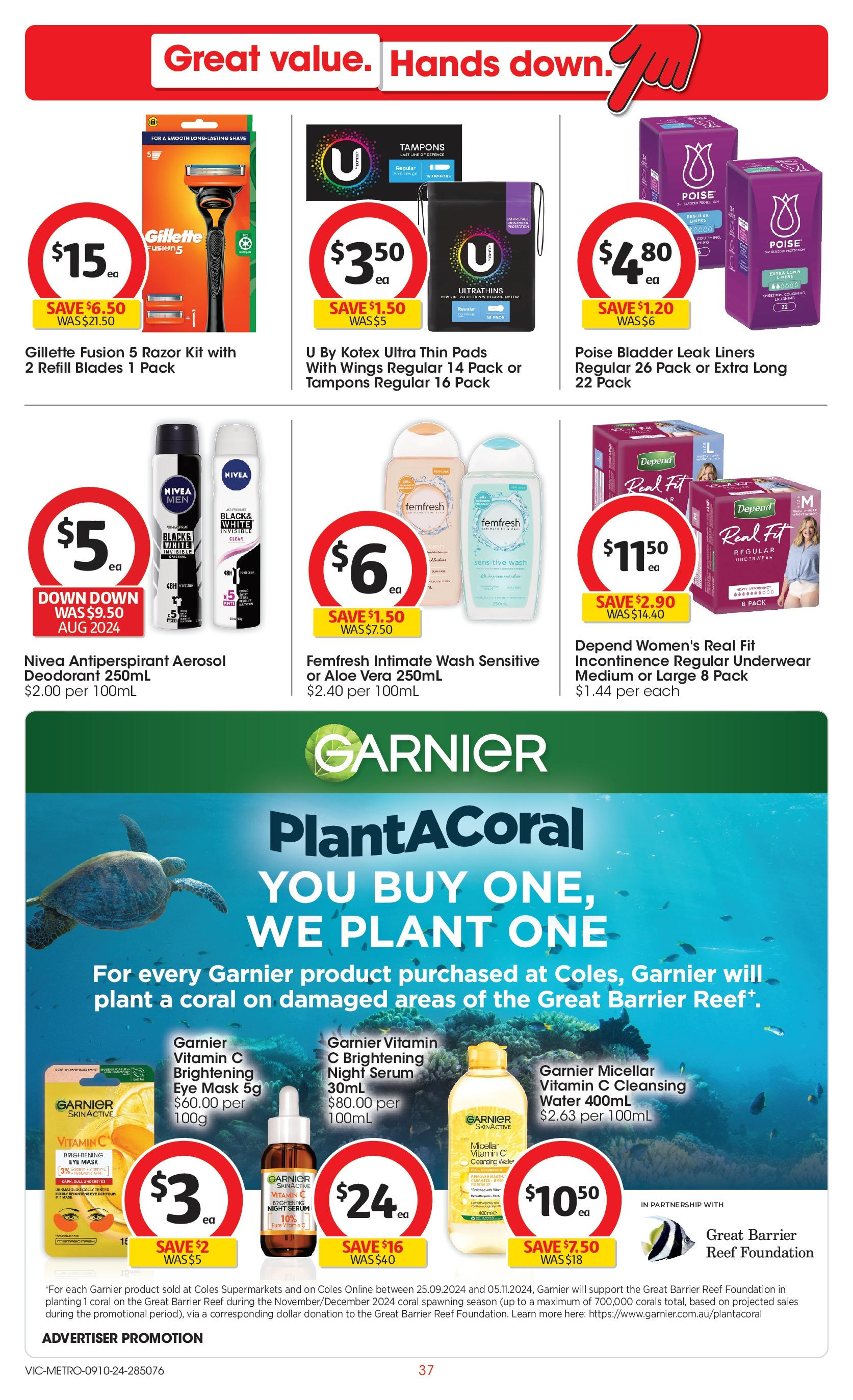 ﻿﻿Coles catalogue valid from 09/10/2024 > Online Australia | Page: 37 | Products: Antiperspirant, Razor, Underwear, Tampons