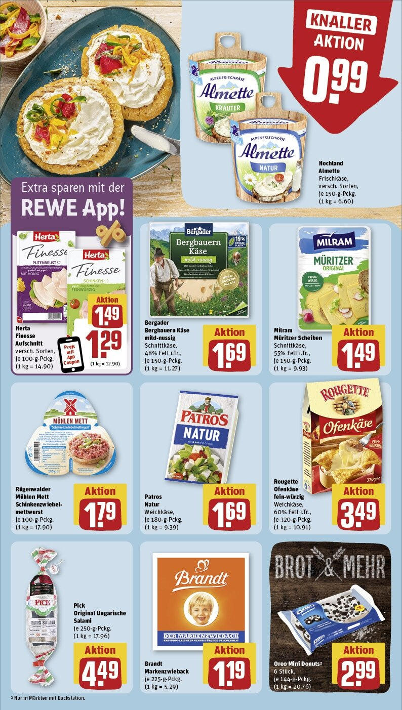 Rewe - Nordhorn, Friedrich-Ebert-Straße 2 (ab 14.10.2024) zum Blättern » Angebote | Seite: 10 | Produkte: Käse, Patros, Brot, Salami