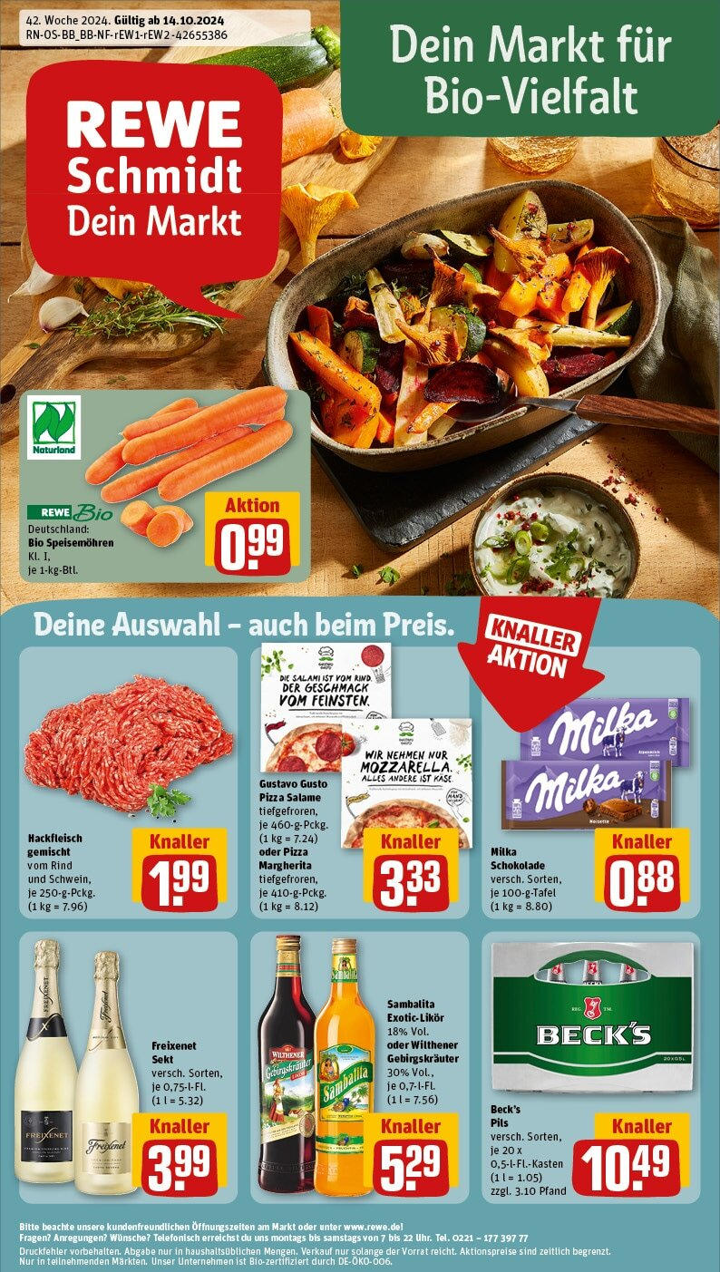 Rewe - Berlin / Pankow, Neumannstraße 1 (ab 14.10.2024) zum Blättern » Angebote | Seite: 1 | Produkte: Wilthener, Schokolade, Salami, Pizza