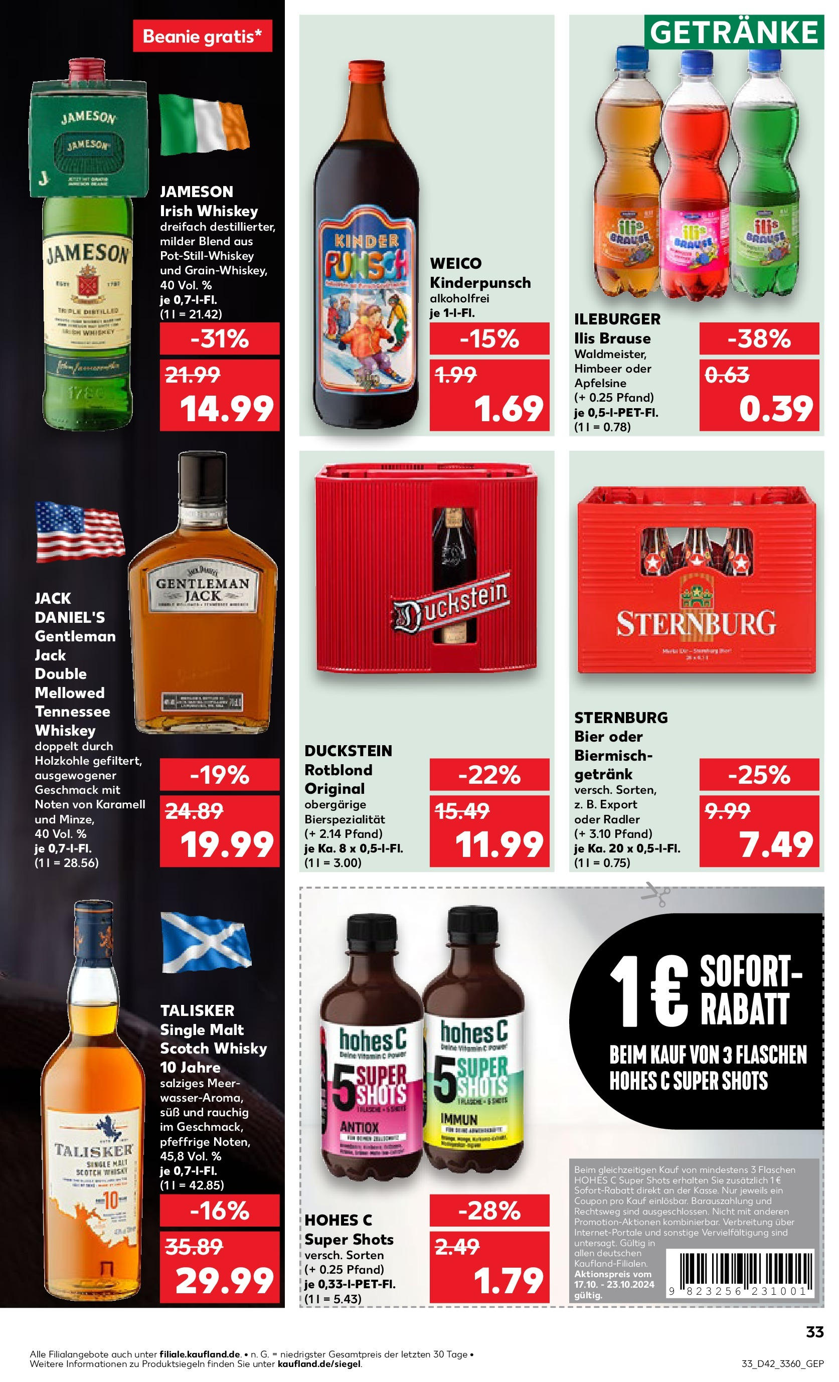 Kaufland - Berlin (ab 17.10.2024) » Angebote Online zum Blättern | Seite: 33 | Produkte: Bier, Jack Daniel's, Hohes c, Whiskey