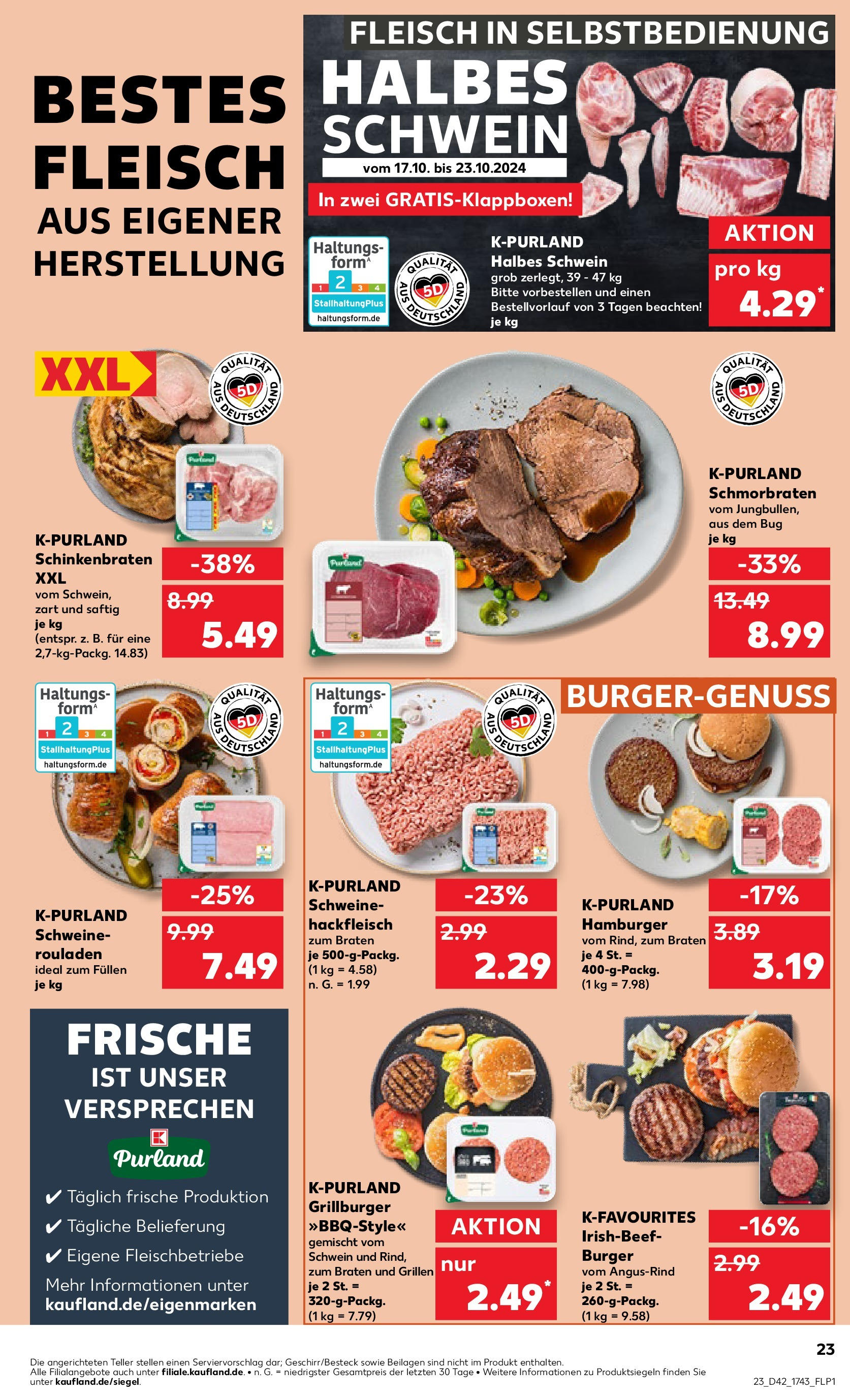 Kaufland - Nordrhein - Westfalen  (ab 17.10.2024) » Angebote Online zum Blättern | Seite: 23 | Produkte: Rinderrouladen, Krustenbraten, Schinken, Fleisch