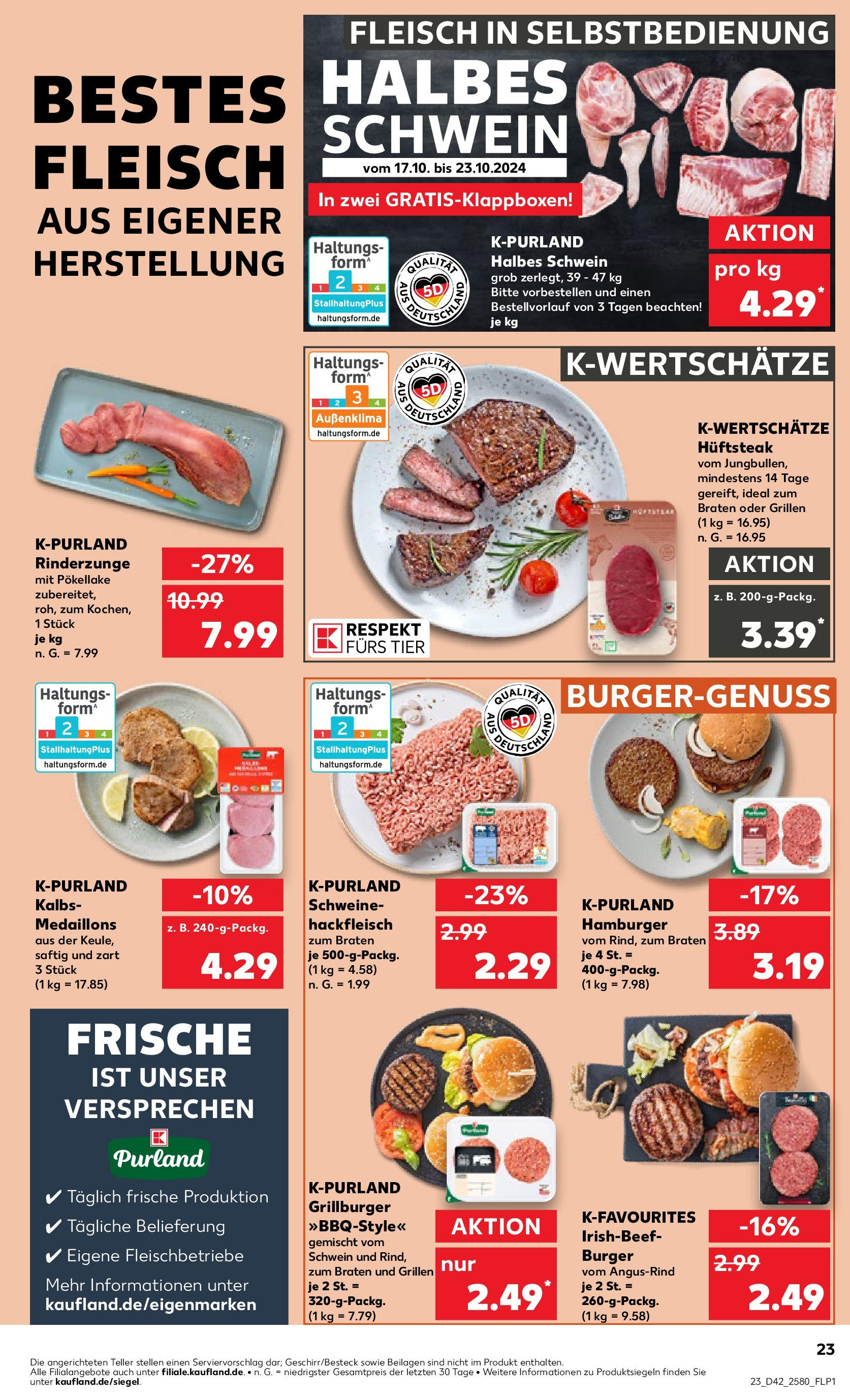 Kaufland - Baden-Württemberg  (ab 17.10.2024) » Angebote Online zum Blättern | Seite: 23 | Produkte: Schweinebauch, Küche, Burger, Champignons