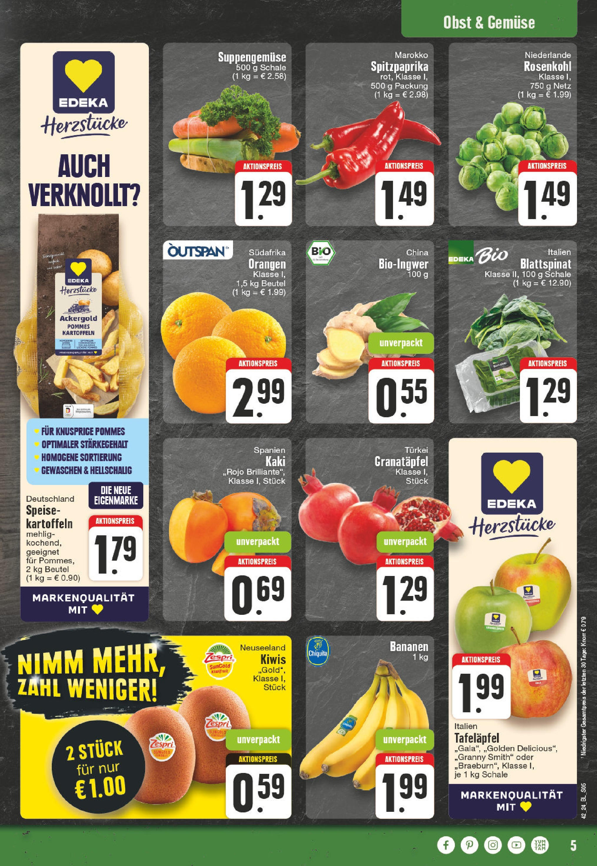 Edeka - Hagen-Eppenhausen, Eppenhauser Straße 4 (ab 14.10.2024) » Angebote Online | Seite: 5 | Produkte: Granatapfel, Pommes, Bananen, Gemüse