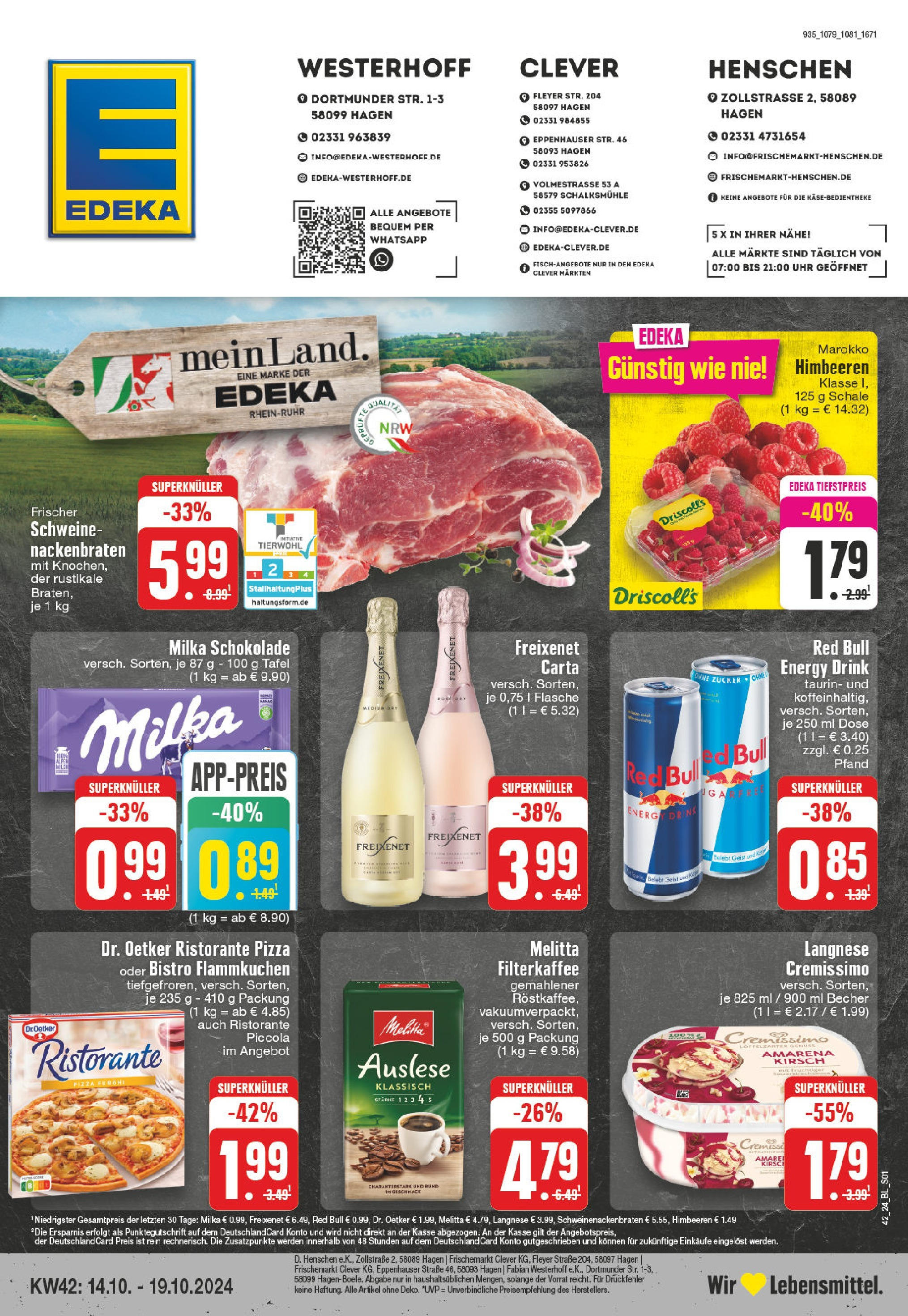 Edeka - Hagen-Eppenhausen, Eppenhauser Straße 4 (ab 14.10.2024) » Angebote Online | Seite: 1 | Produkte: Ristorante, Cremissimo, Milka schokolade, Pizza