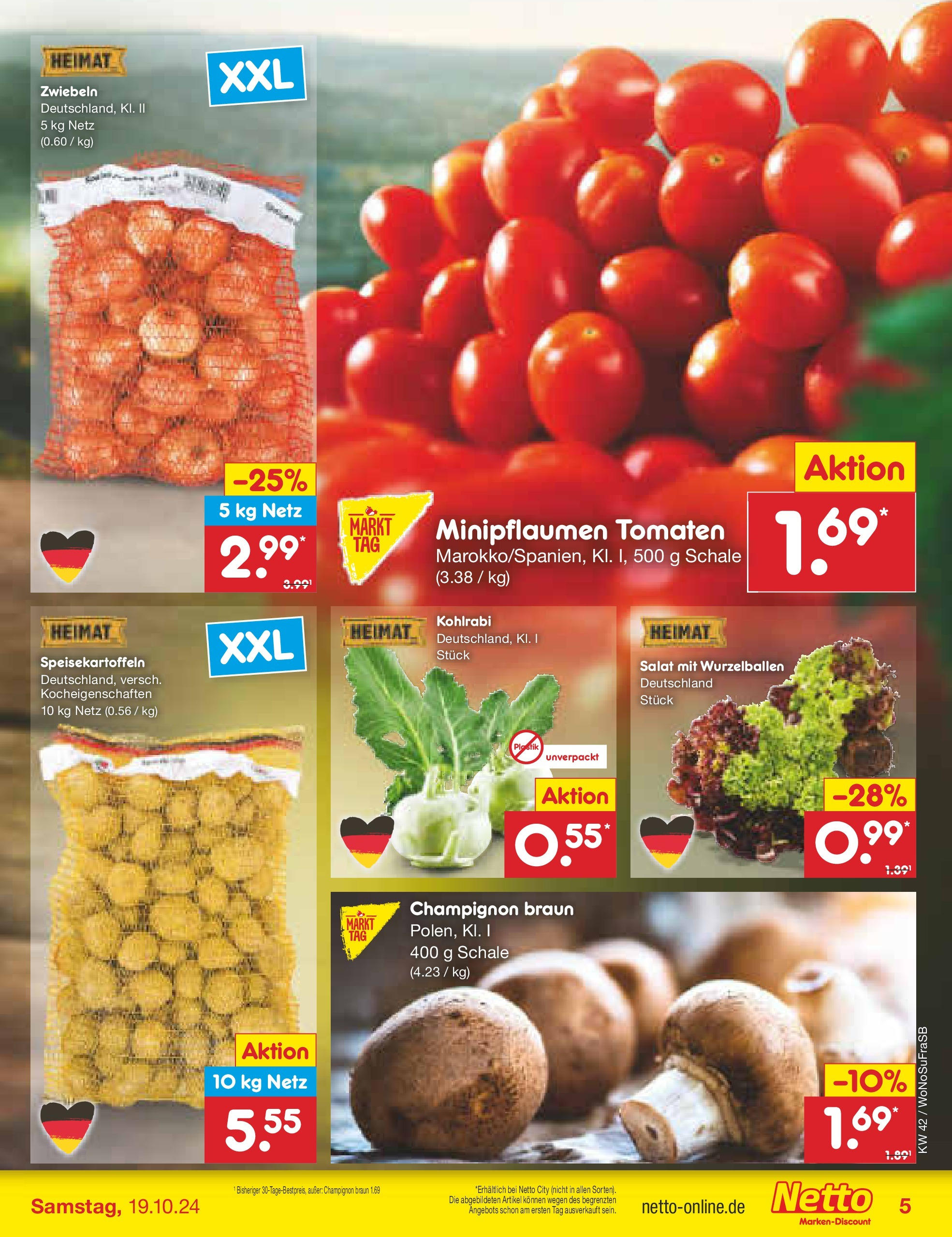 Netto Marken-Discount - Hessen (ab 14.10.2024) » Angebote | Seite: 5 | Produkte: Kohlrabi, Tomaten, Zwiebeln, Salat