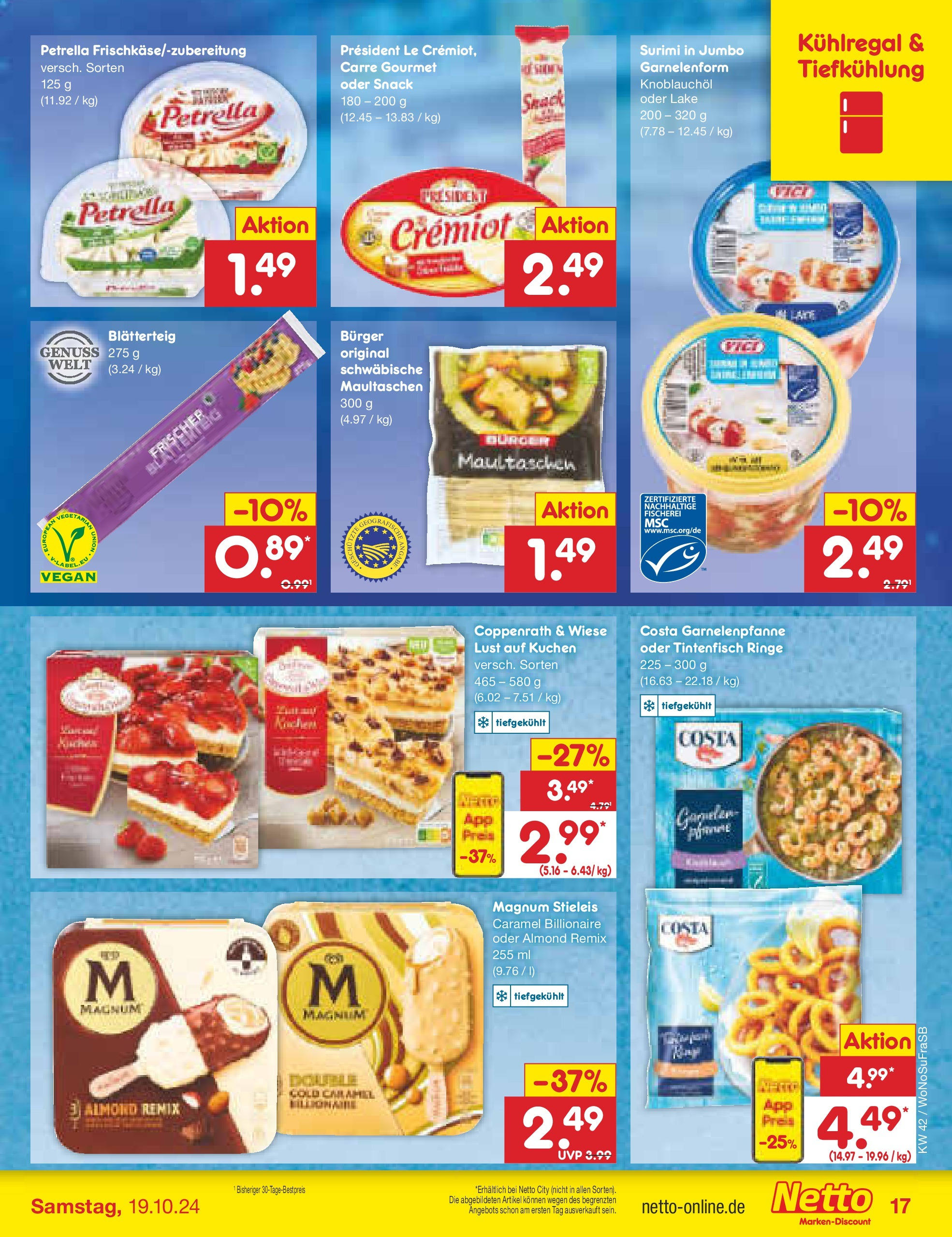 Netto Marken-Discount - Rheinland-Pfalz (ab 14.10.2024) » Angebote | Seite: 19 | Produkte: Burger, Tintenfisch, Maultaschen, Kuchen