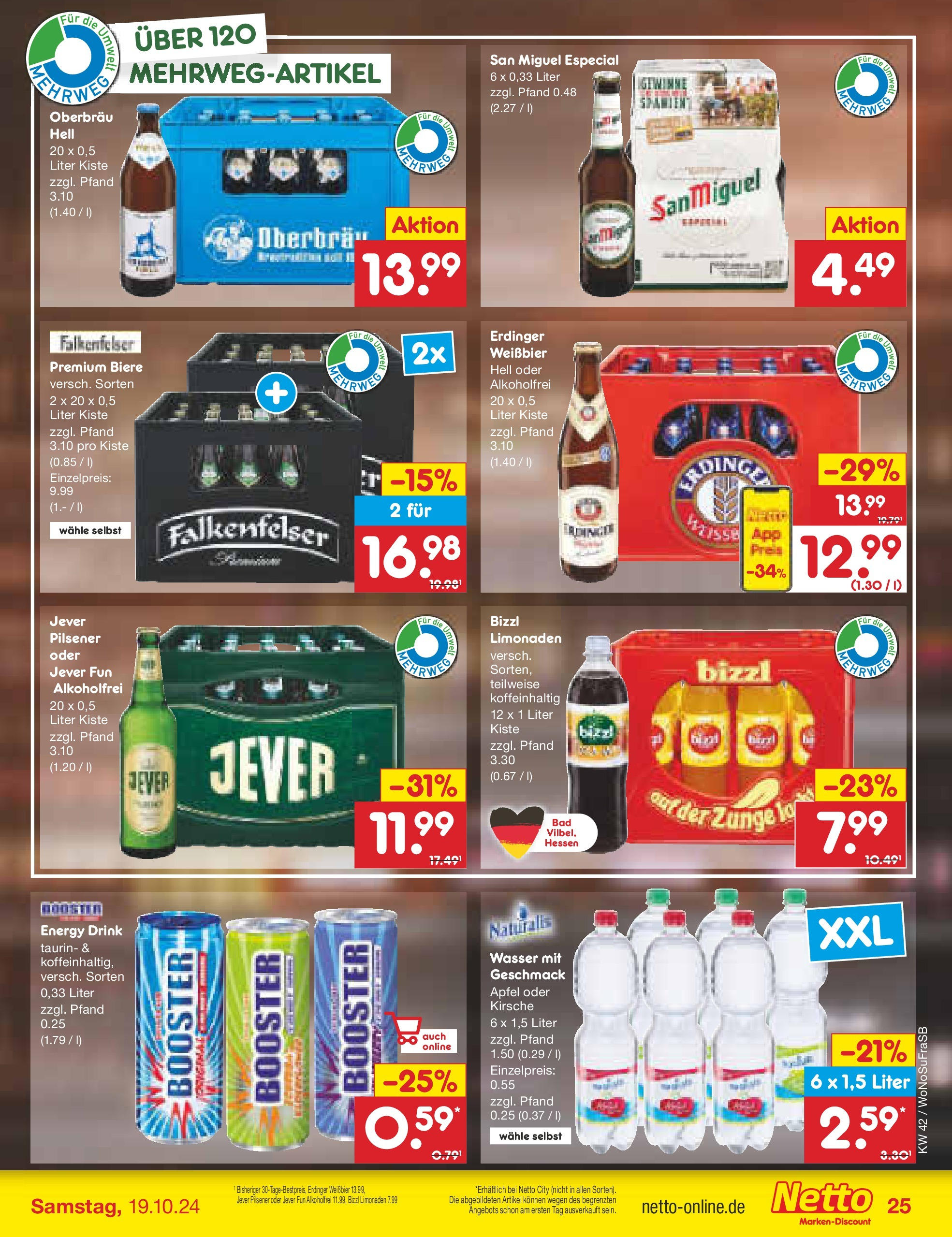 Netto Marken-Discount - Hessen (ab 14.10.2024) » Angebote | Seite: 31 | Produkte: Erdinger, Weißbier, Wasser, Jever