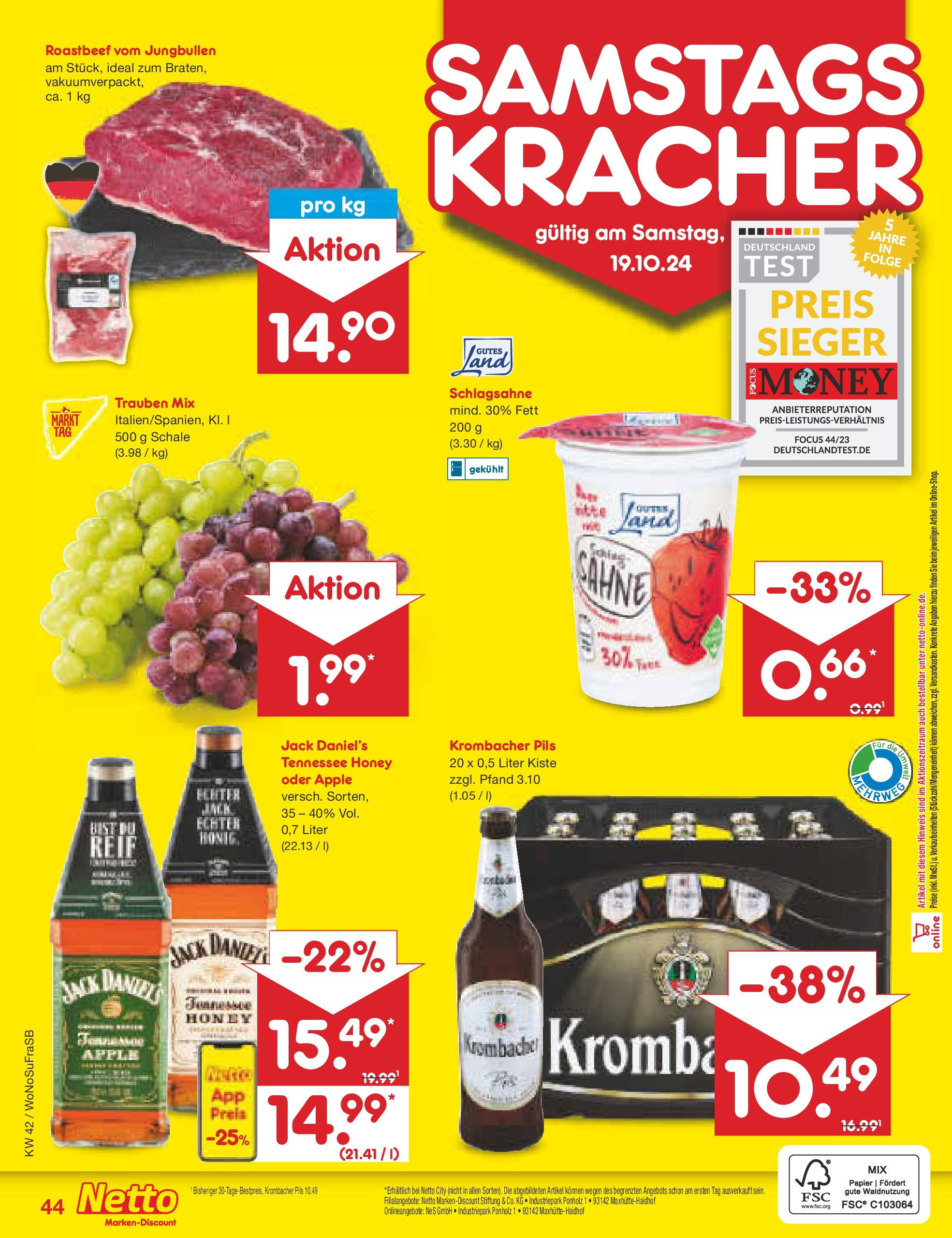 Netto Marken-Discount - Rheinland-Pfalz (ab 14.10.2024) » Angebote | Seite: 54 | Produkte: Schlagsahne, Trauben, Pils, Sahne