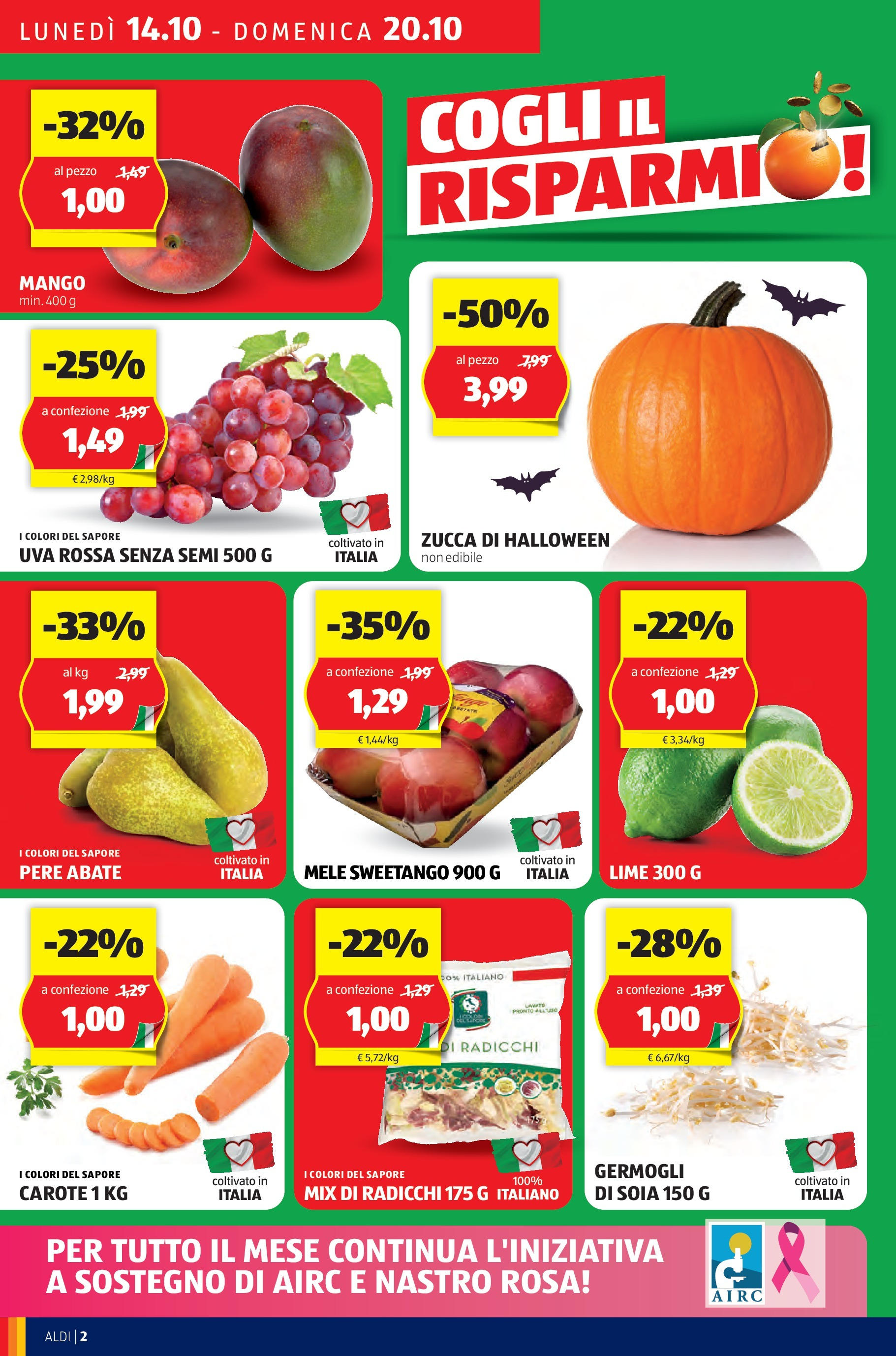 Nuovo Volantino Aldi	 dal 14/10/2024 > offerte anteprima 🛍️ | Pagina: 2 | Prodotti: Carote, Lime, Zucca, Uva