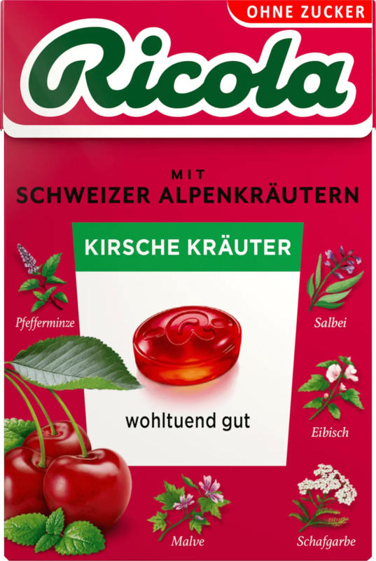 Ricola Bonbon, Kirsche Kräuter, zuckerfrei, in der Taschenbox