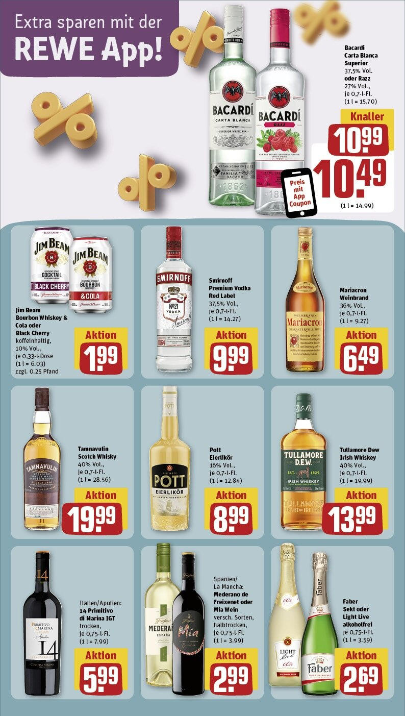 Rewe - Niederkassel / Ranzel, Porzer Straße 7 (ab 21.10.2024) zum Blättern » Angebote | Seite: 19 | Produkte: Bacardi, Whisky, Freixenet, Sekt