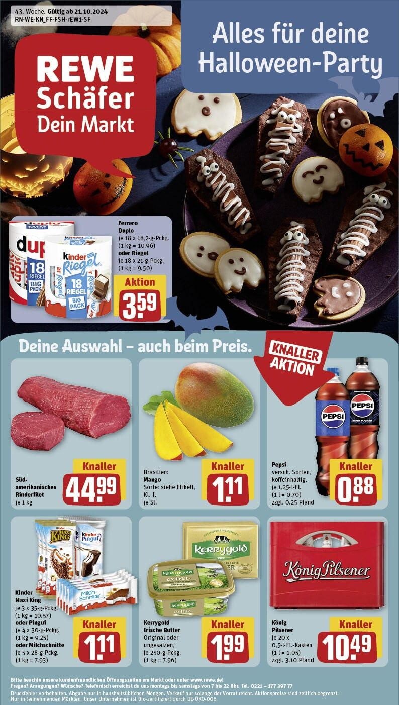 Rewe - Niederkassel / Ranzel, Porzer Straße 7 (ab 21.10.2024) zum Blättern » Angebote | Seite: 1 | Produkte: Butter, Ferrero duplo, Rinderfilet, Pepsi