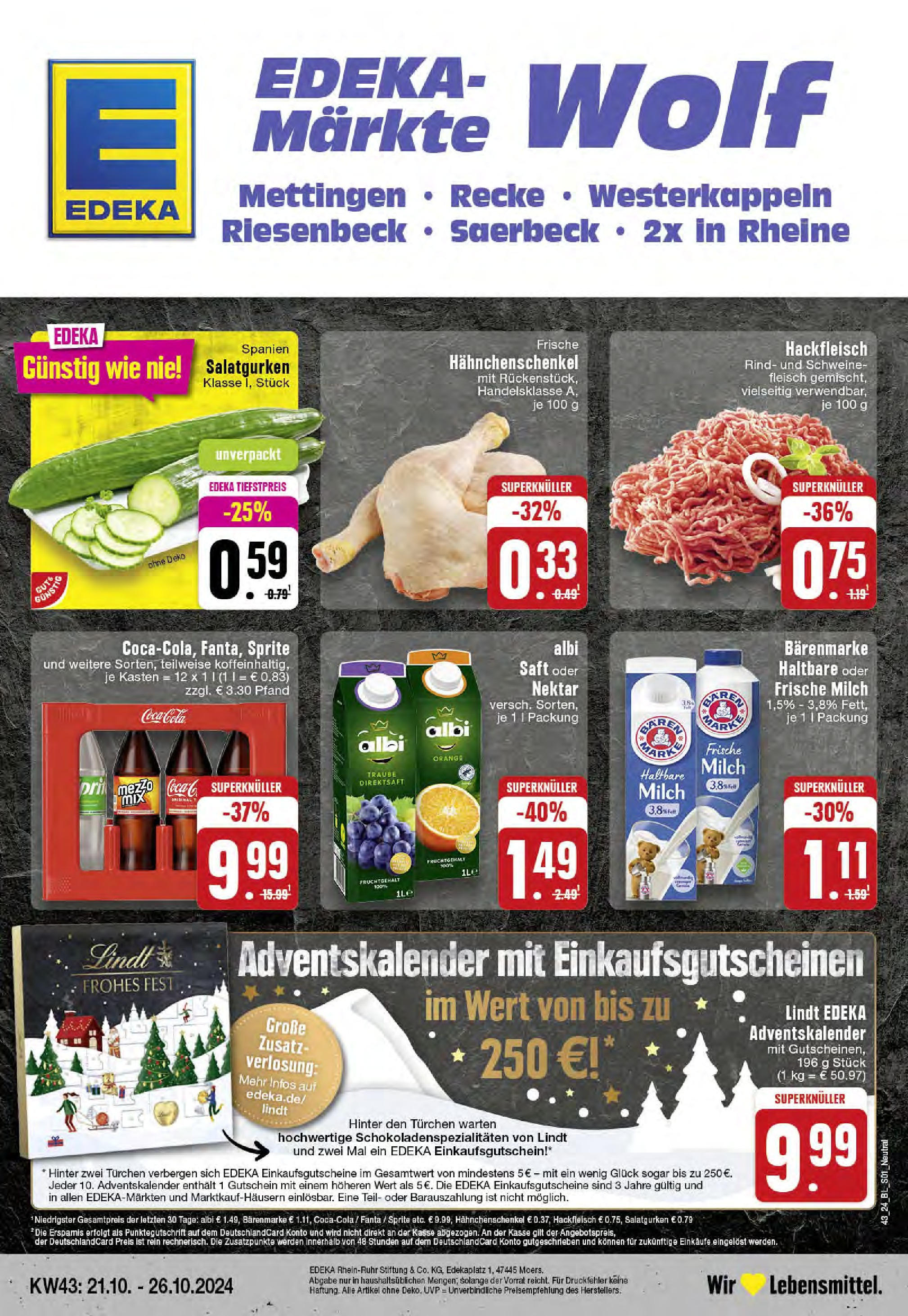 Edeka - Hörstel-Riesenbeck, Heinrich-Niemeyer-Straße 5 (ab 21.10.2024) » Angebote Online | Seite: 1 | Produkte: Coca cola, Sprite, Saft, Hackfleisch