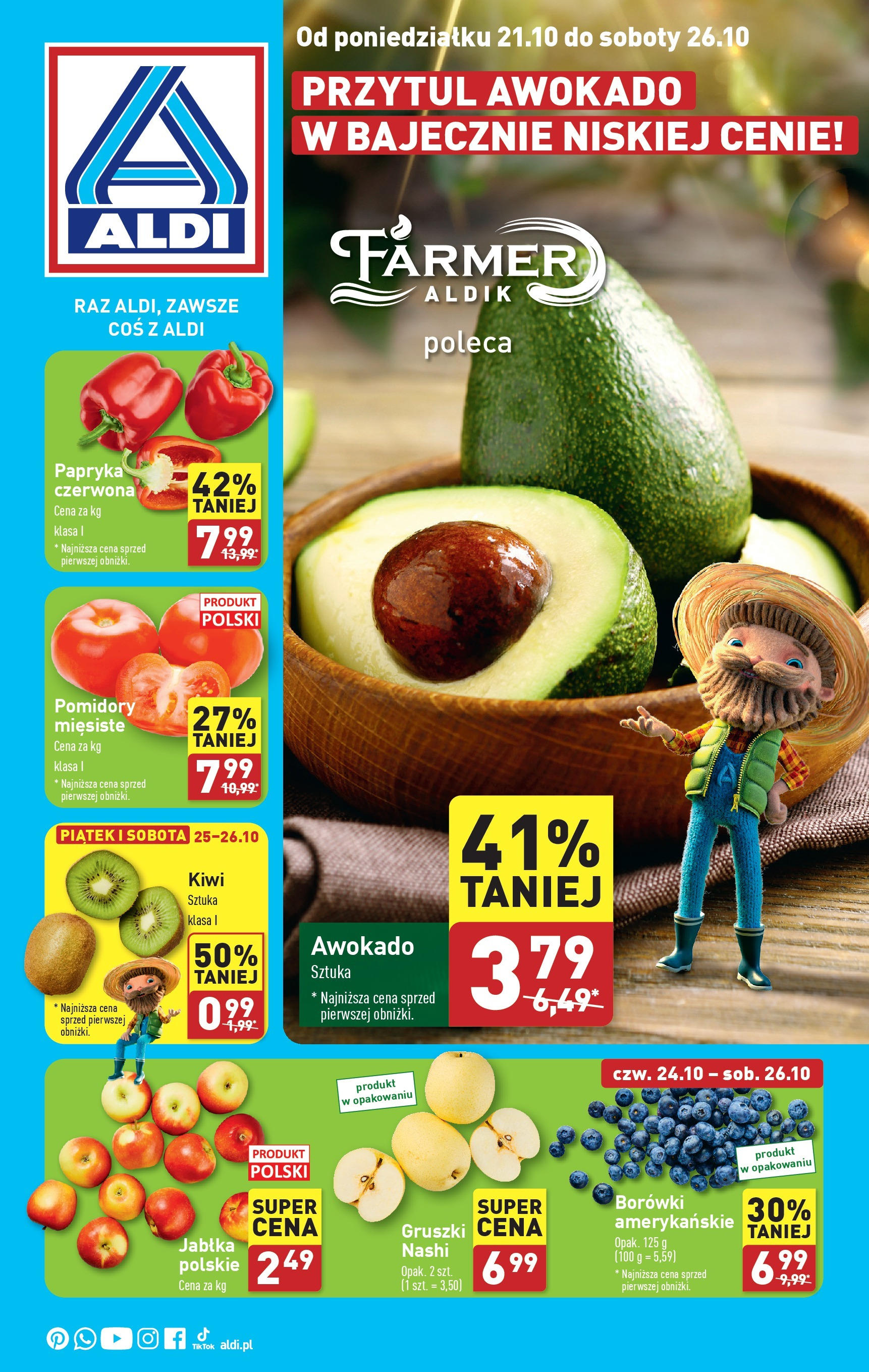 Aldi Gazetka - Farmer od 21.10.2024 - Ulotka PDF, promocje | Strona: 1 | Produkty: Papryka, Papryka czerwona, Kiwi, Awokado