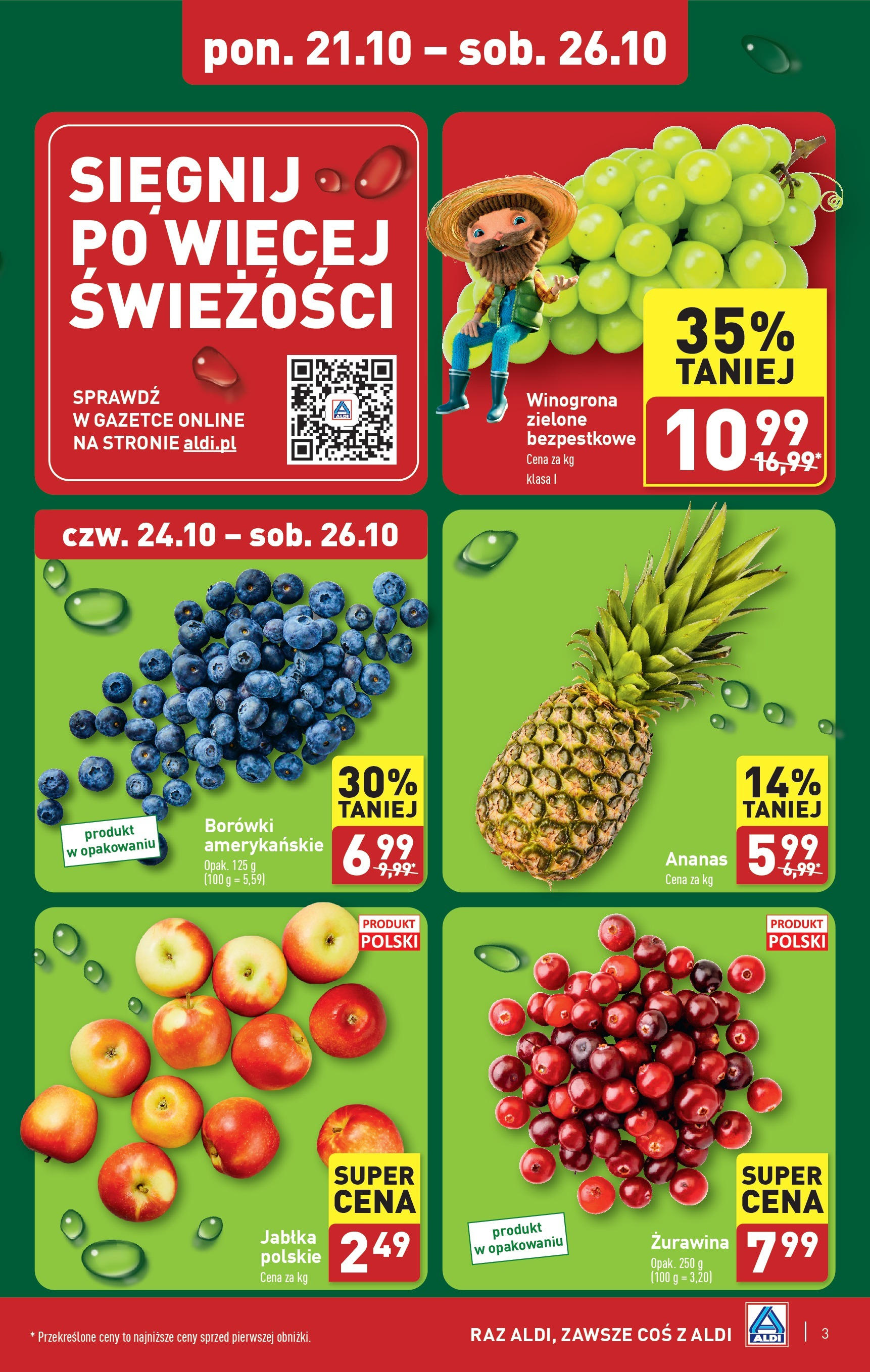 Aldi Gazetka - Farmer od 21.10.2024 - Ulotka PDF, promocje | Strona: 3 | Produkty: Winogrona, Żurawina, Jabłka, Ananas