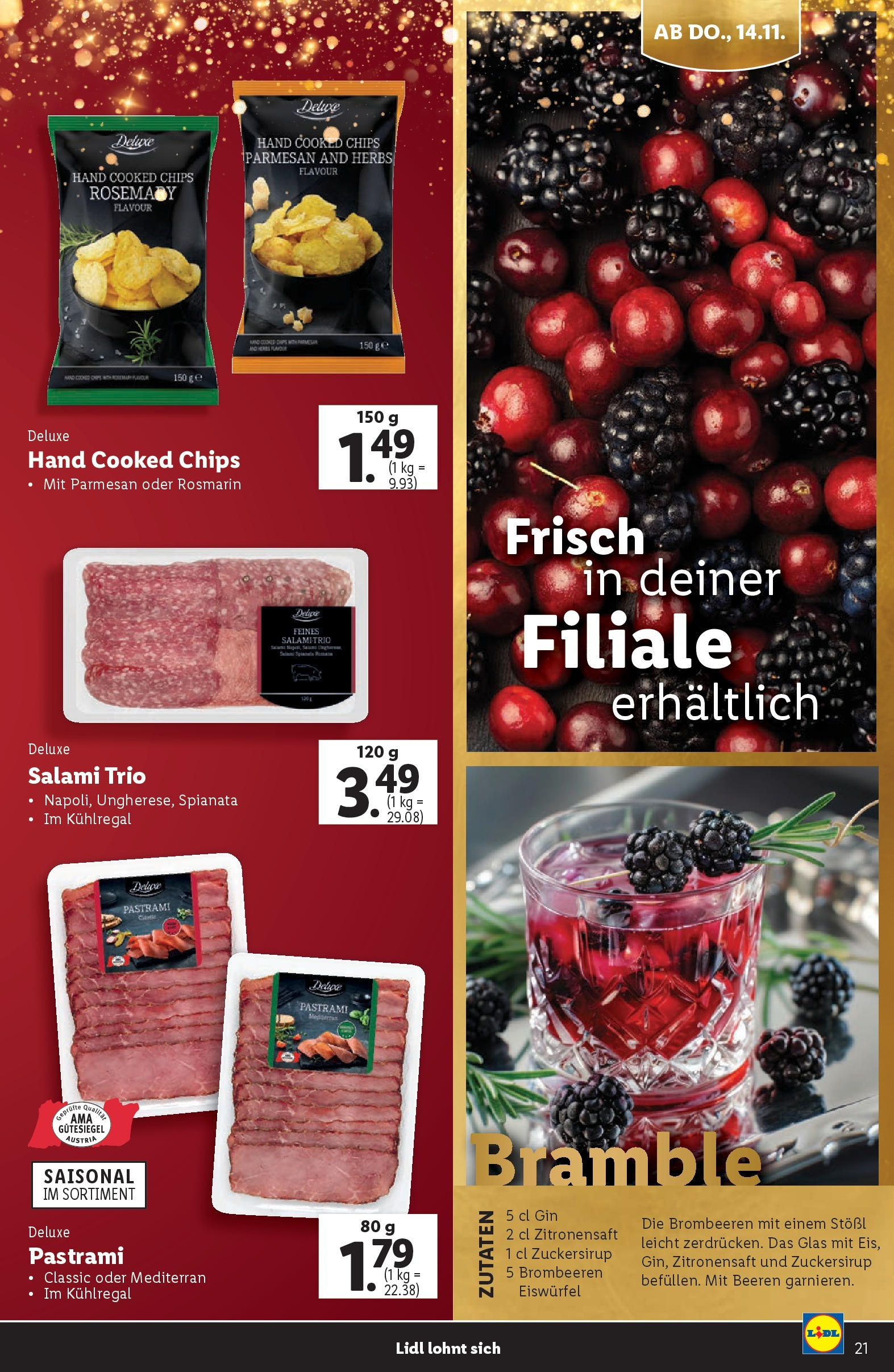 Lidl Flugblatt 07.11.2024 | WEIHNACHTEN | Seite: 21 | Produkte: Gin, Chips, Salami