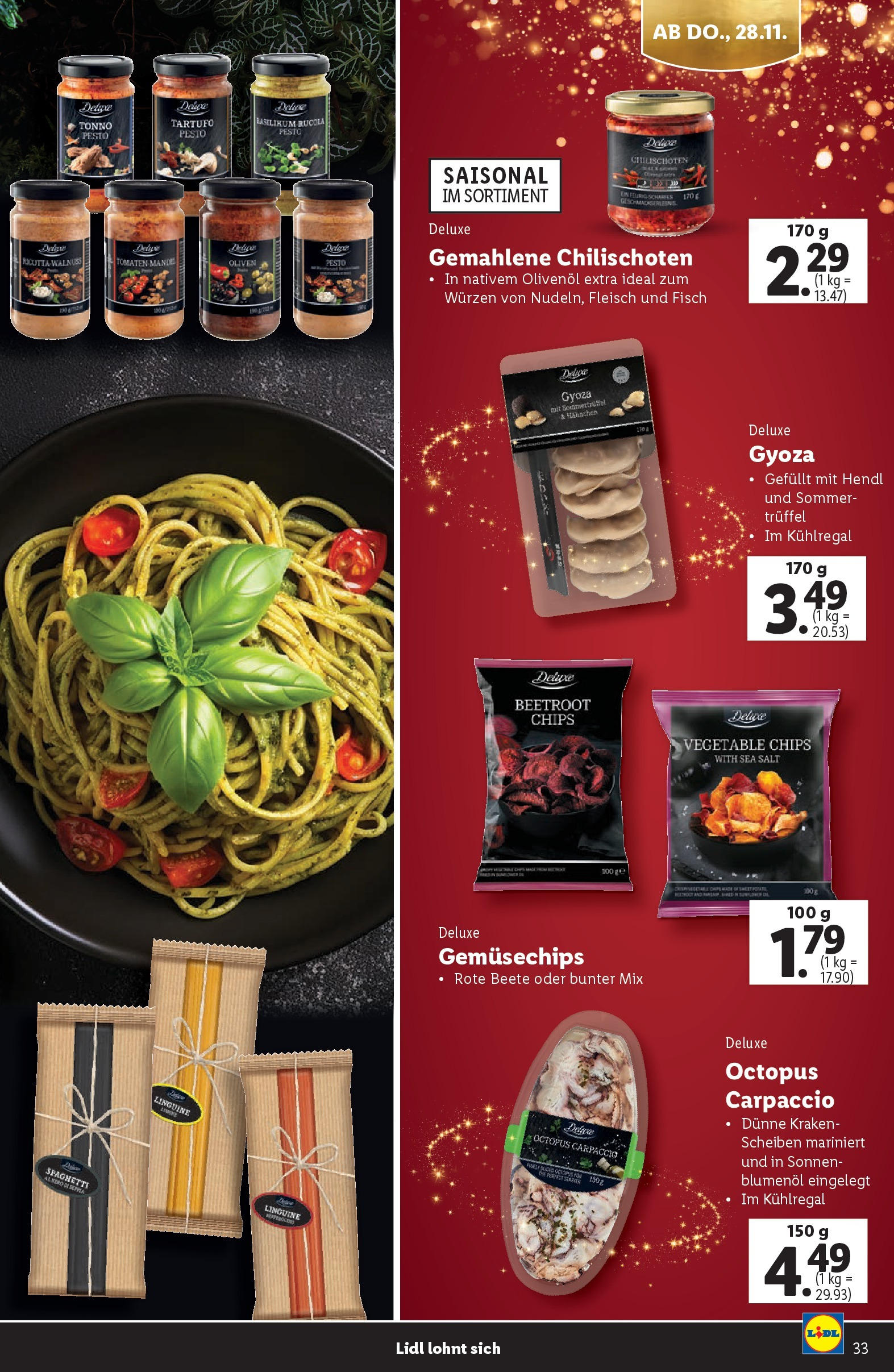 Lidl Flugblatt 07.11.2024 | WEIHNACHTEN | Seite: 33 | Produkte: Chips, Rote Beete, Tomaten, Fisch