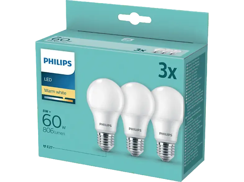 Philips LED Lampe, Standardform, ersetzt 60W, E27, Warmweiß, 9 Watt, 806 Lumen, 3er Pack