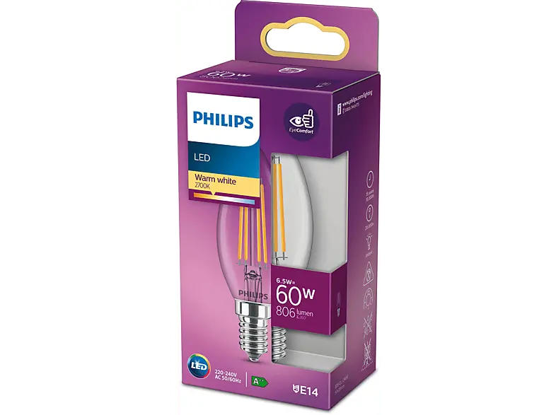 Philips Glühlampe LED Classic 60W E14 WW B35 CL ND RFSRT4; LED Leuchtmittel