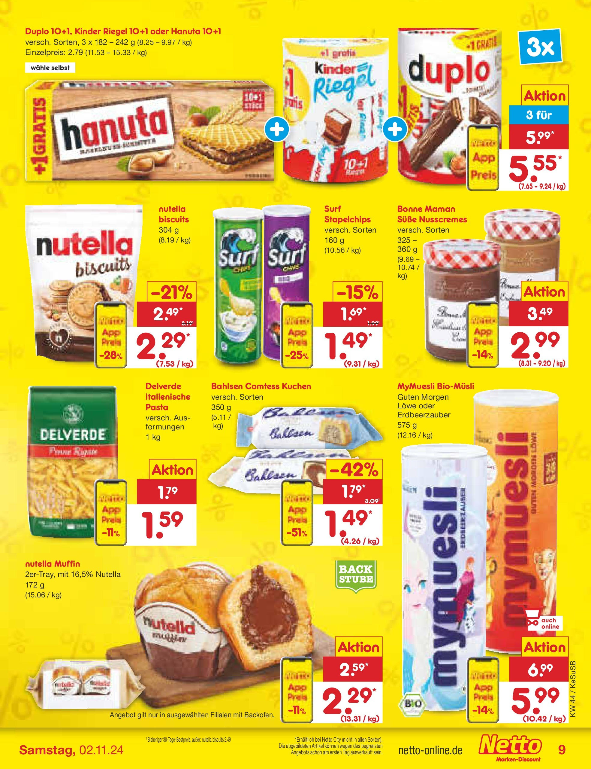 Netto Marken-Discount - Rheinland-Pfalz (ab 27.10.2024) » Angebote | Seite: 9 | Produkte: Kinder riegel, Nutella, Pasta, Bonne maman