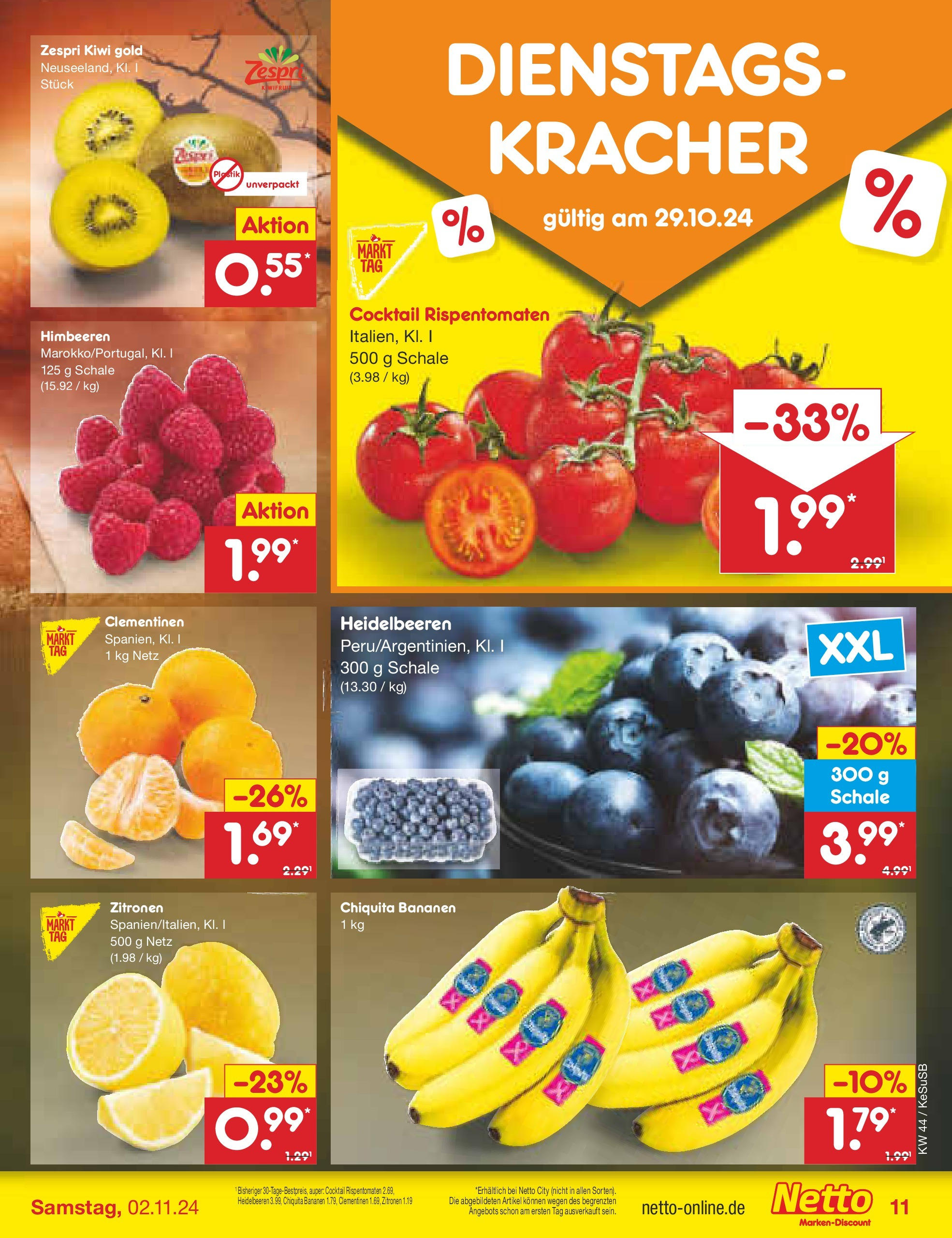 Netto Marken-Discount - Rheinland-Pfalz (ab 27.10.2024) » Angebote | Seite: 11 | Produkte: Himbeeren, Bananen, Kiwi, Zitronen