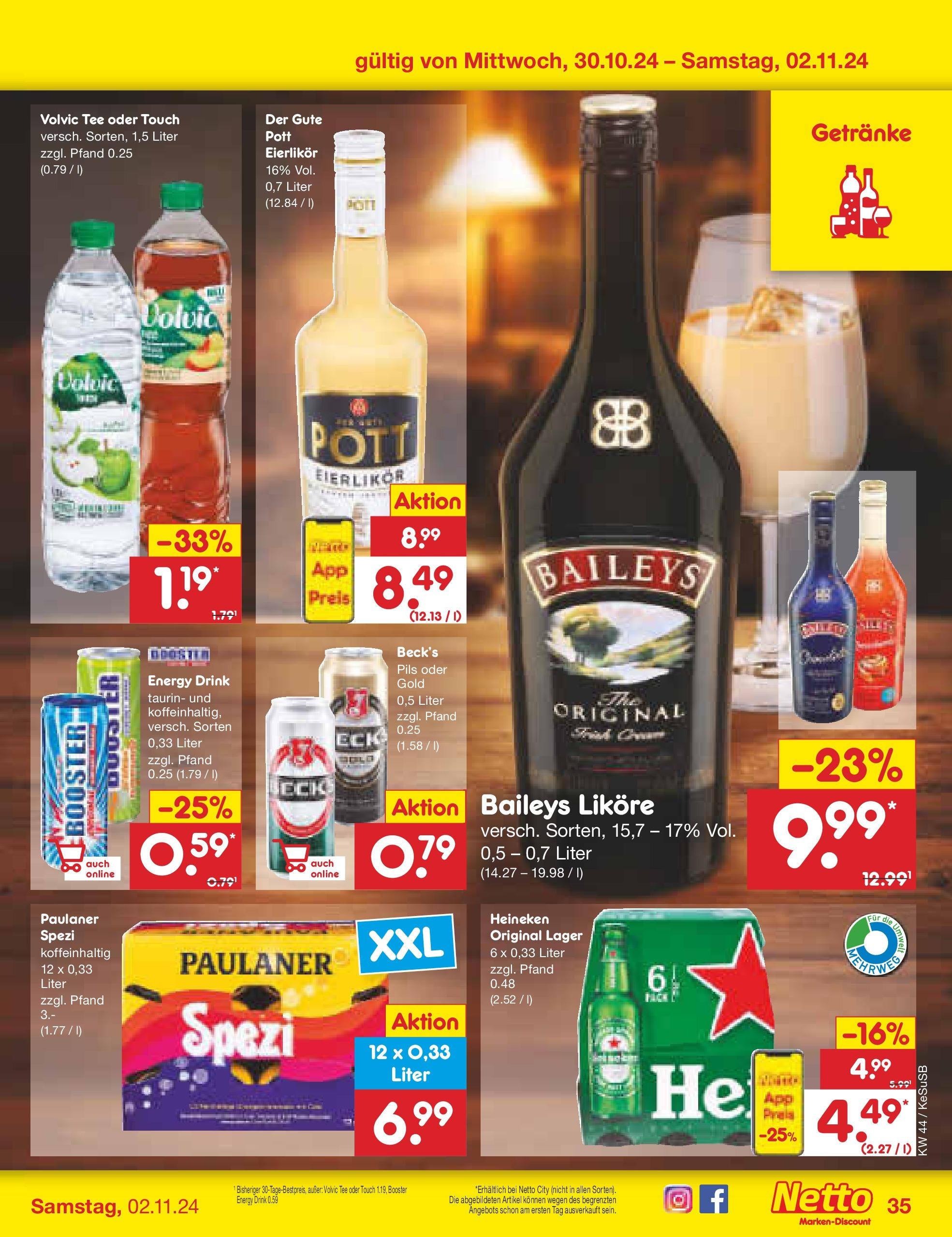 Netto Marken-Discount - Rheinland-Pfalz (ab 27.10.2024) » Angebote | Seite: 44 | Produkte: Energy, Pils, Baileys, Tee