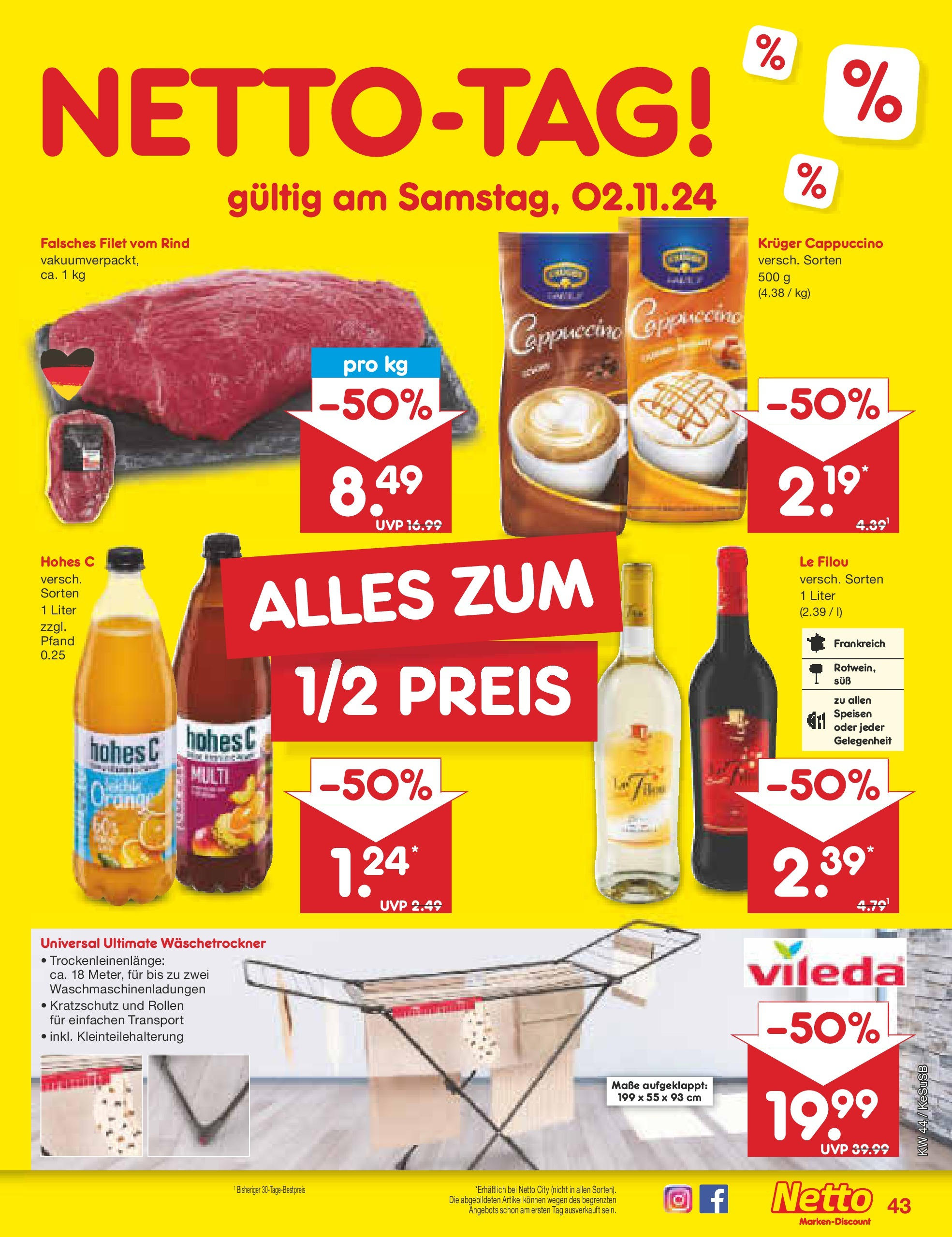 Netto Marken-Discount - Rheinland-Pfalz (ab 27.10.2024) » Angebote | Seite: 55 | Produkte: Le filou, Hohes c, Kruger cappuccino