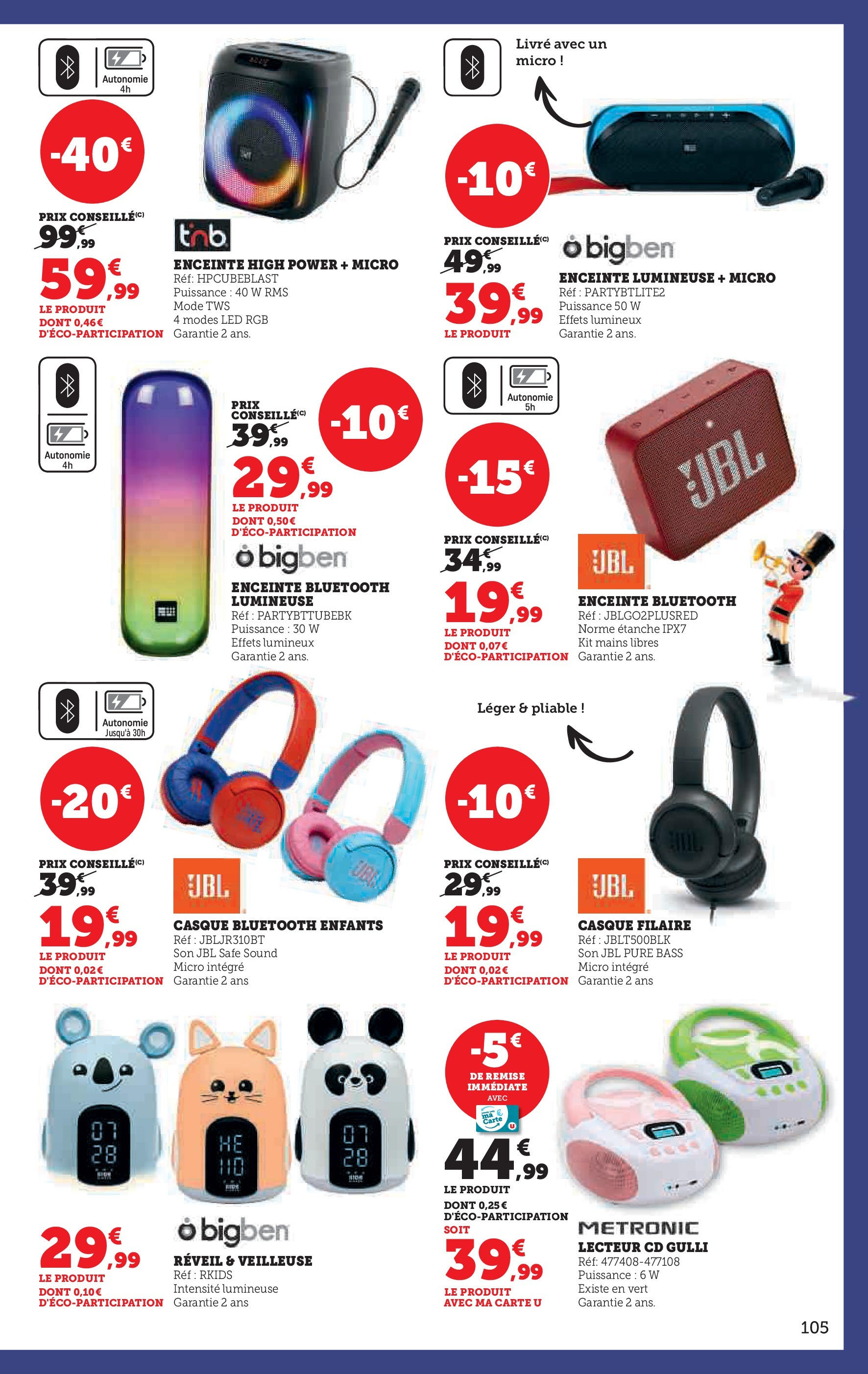 Hyper U Jouets - La Roche-sur-Yon à partir du 22/10/2024 - promo en ligne | Page: 105 | Produits: Réveil, Enceinte bluetooth, lecteur CD, Livre